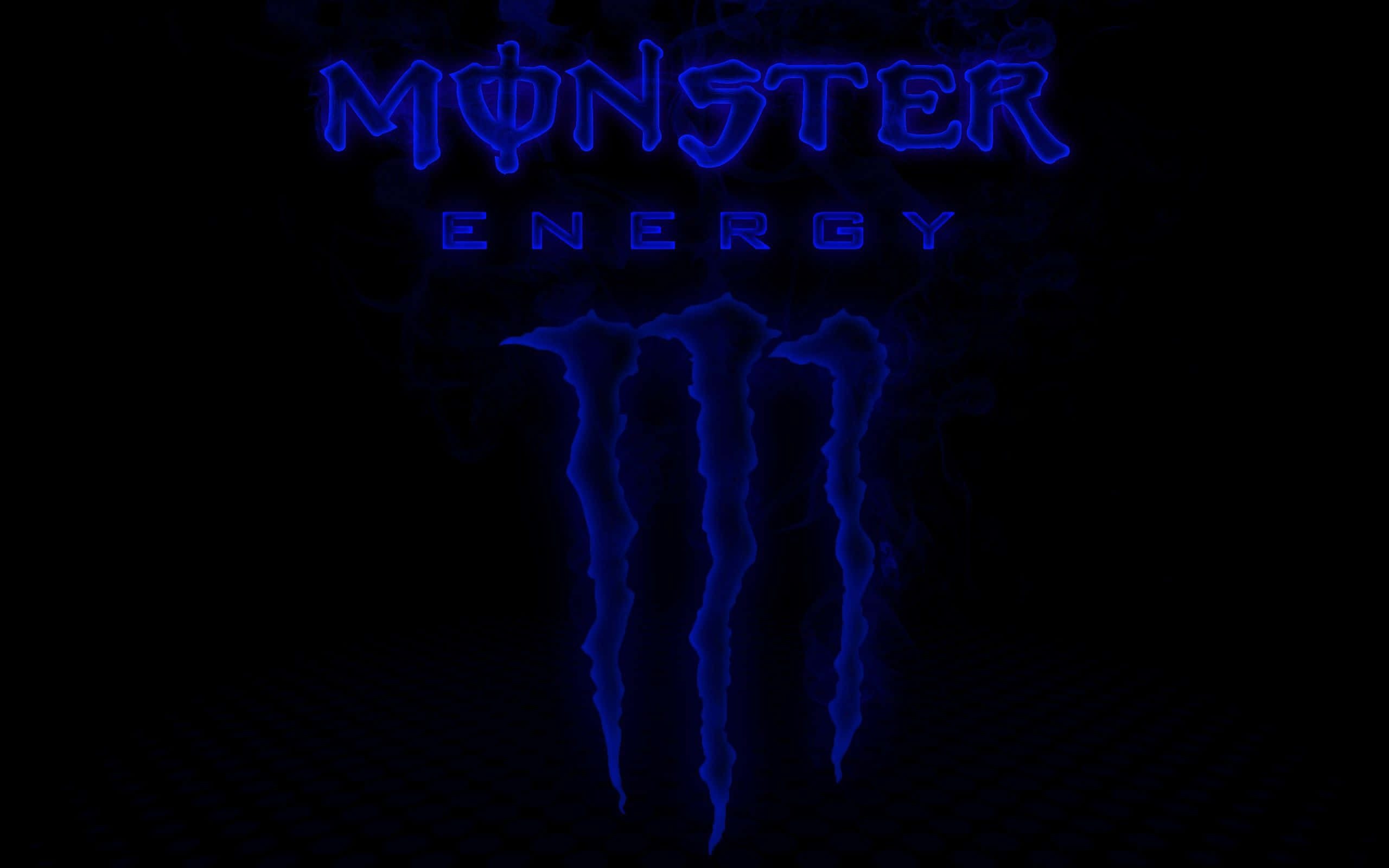 Monster Energy 桌布 壁紙 — 發光的藍色Monster Energy標誌，帶有爪痕，背景為深色並帶有微妙的煙霧效果。