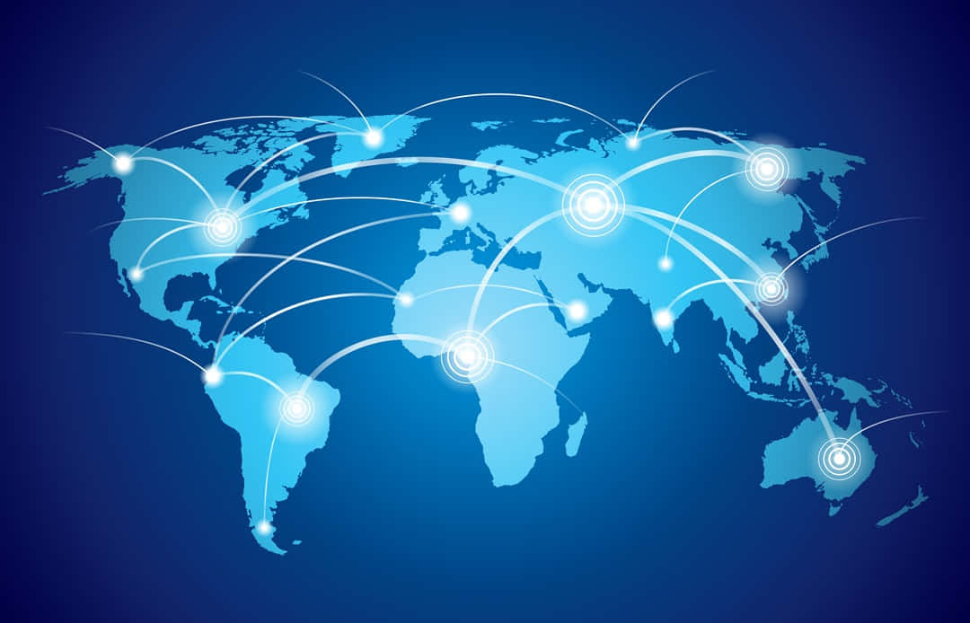 Global 桌布 壁紙 — 發光的藍色世界地圖，帶有明亮的白色連接線，在大陸之間輻射，象徵全球數位網絡。