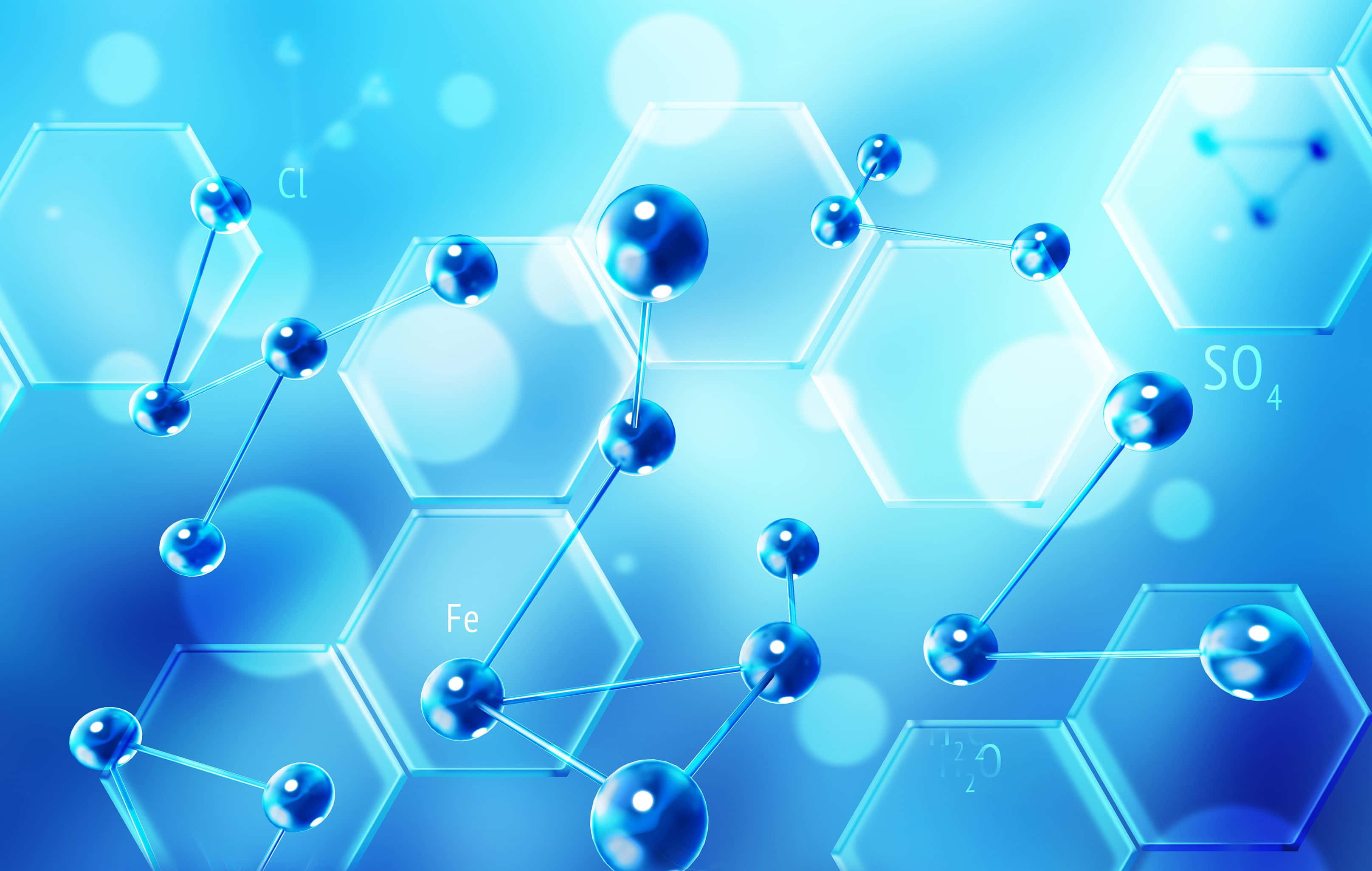 Chemistry 桌布 壁紙 — 發光的藍色分子結構在六邊形框架內漂浮，背景為柔和散景。