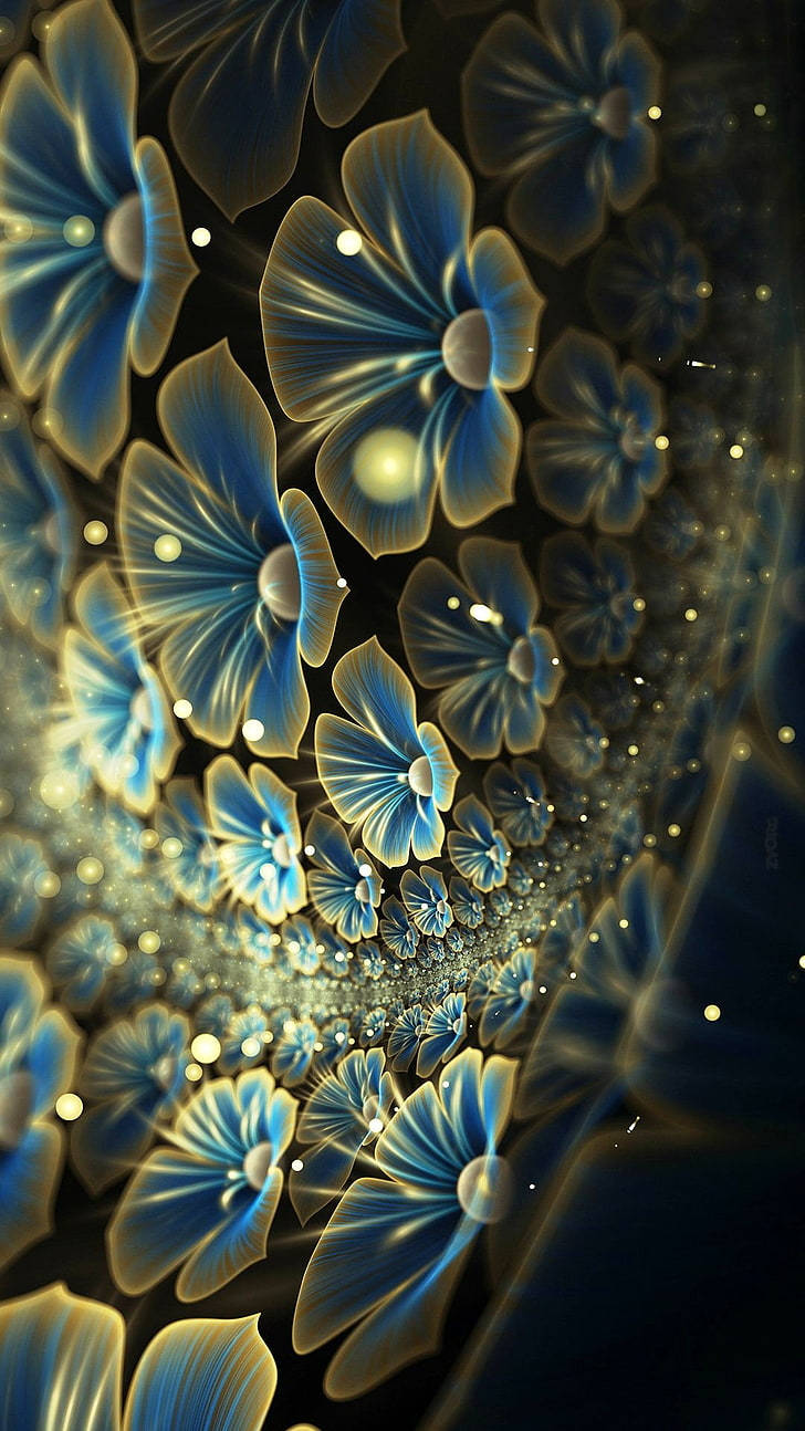  壁紙 — 發光的藍色分形花朵，金色中心，在旋轉的宇宙光隧道中綻放。