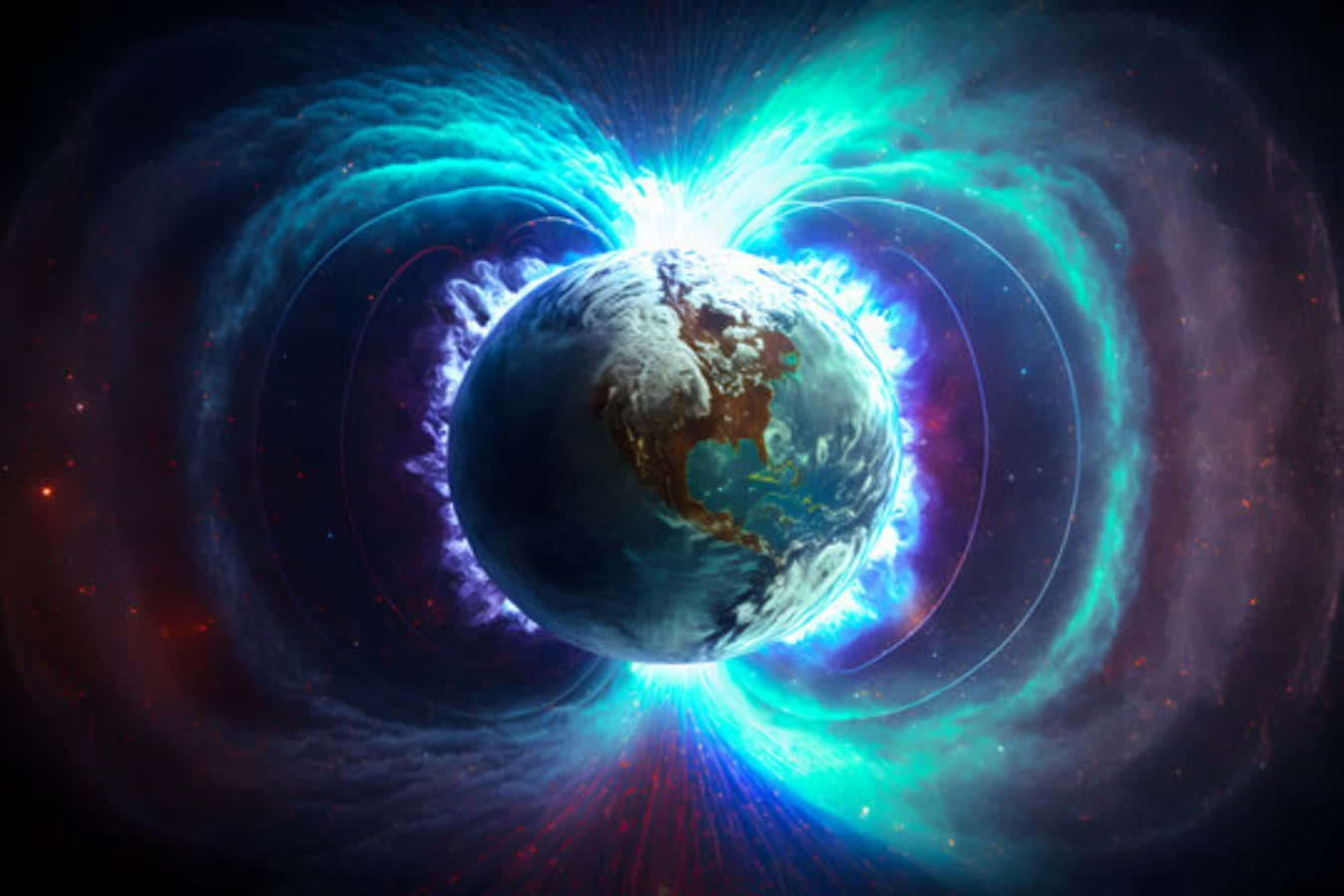 Magnetic Field 桌布 壁紙 — 發光的藍色和紫色極光環繞著細節豐富的地球，在繁星點點的宇宙背景下散發能量。