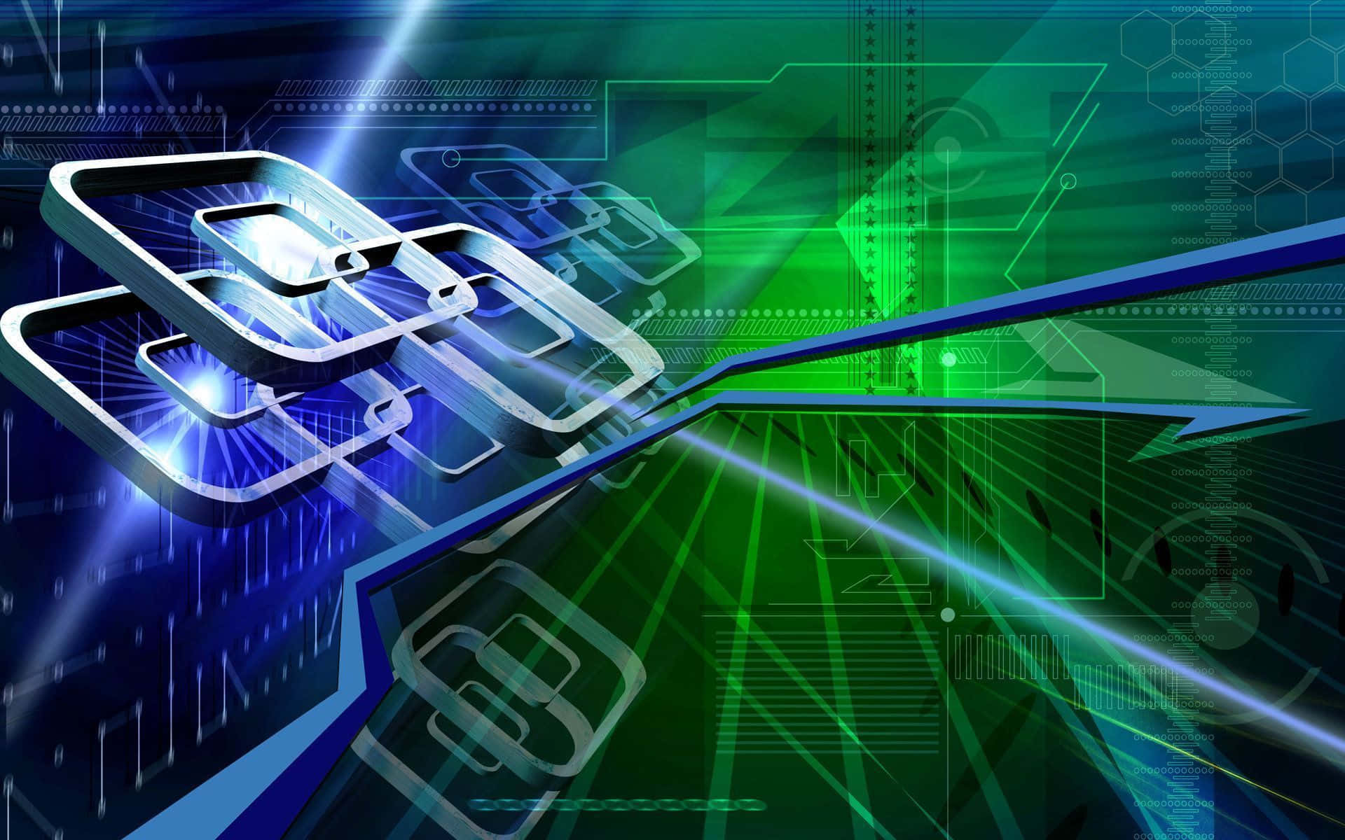 3d Technology 桌布 壁紙 — 發光的藍色和綠色電路形成一個未來主義的數位景觀，帶有抽象科技元素和耀眼的光束。