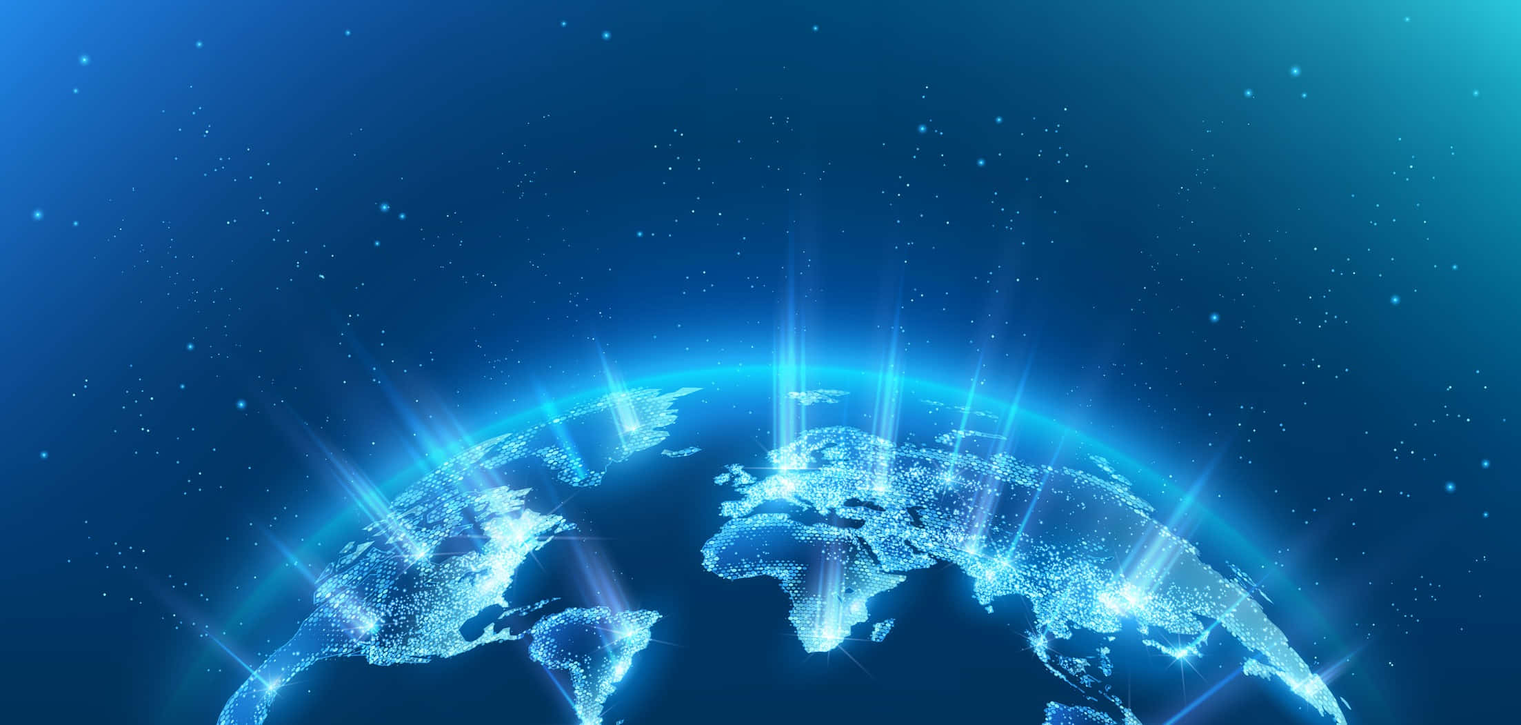 Global 桌布 壁紙 — 發光的藍色數位地球儀，從大陸發出明亮的光束，背景是星光燦爛的宇宙。