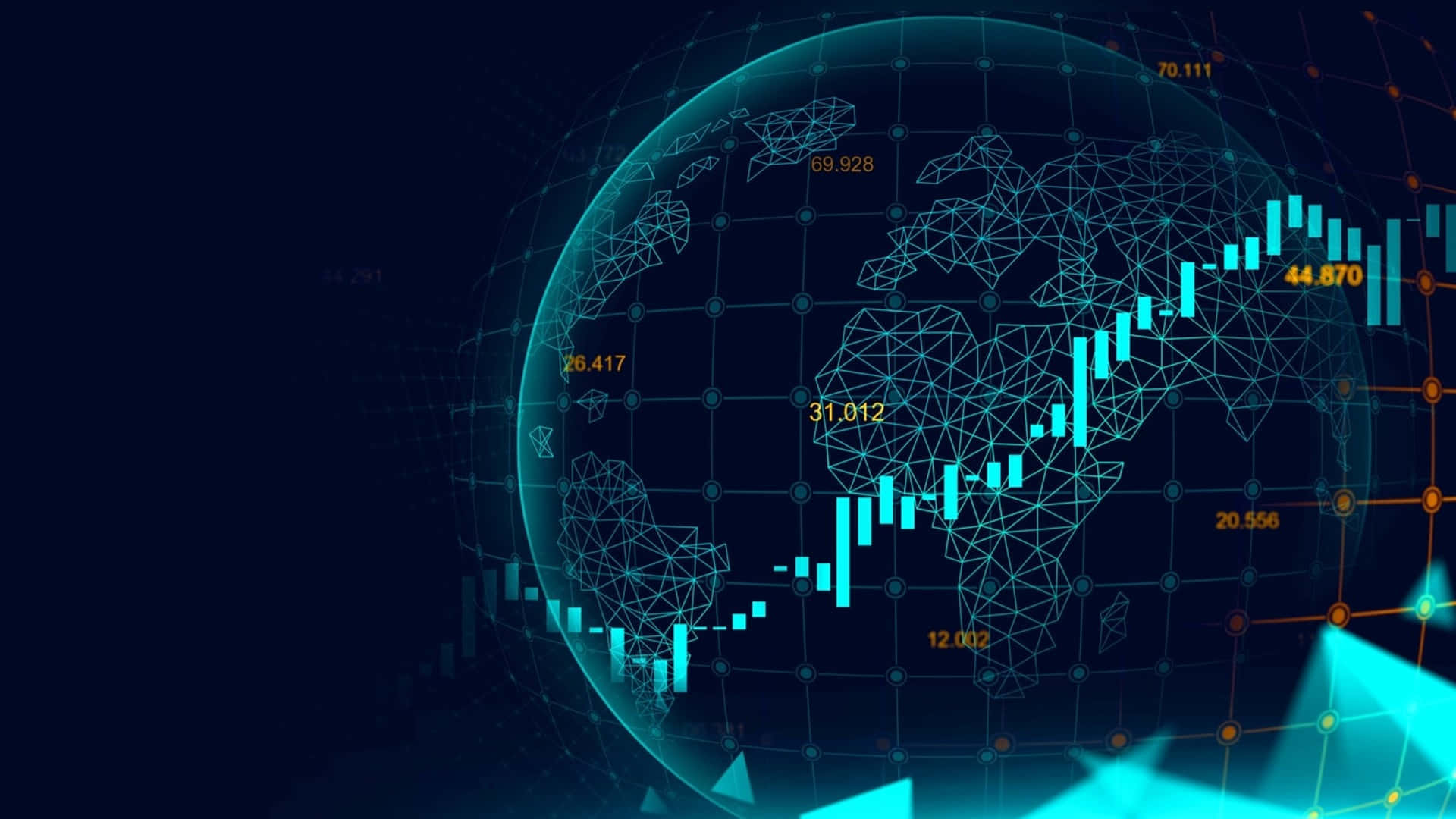 Forex 桌布 壁紙 — 發光的藍色數碼地球儀，帶有線框大陸，上面疊加著上升的金融蠟燭圖和數值數據點。
