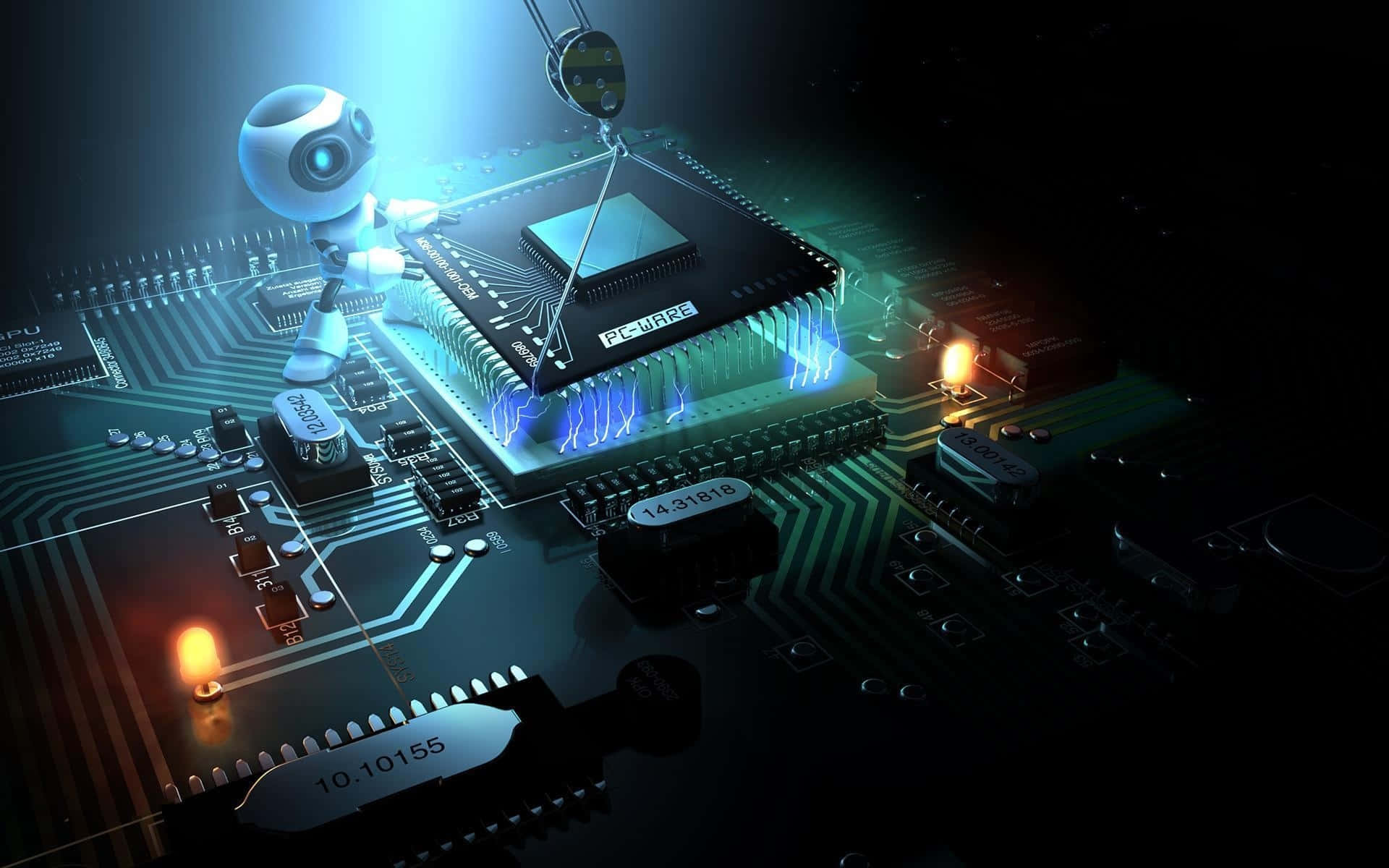 3d Technology 桌布 壁紙 — 發光的藍色機械臂在霓虹燈下於詳細的電路板上組裝微芯片。