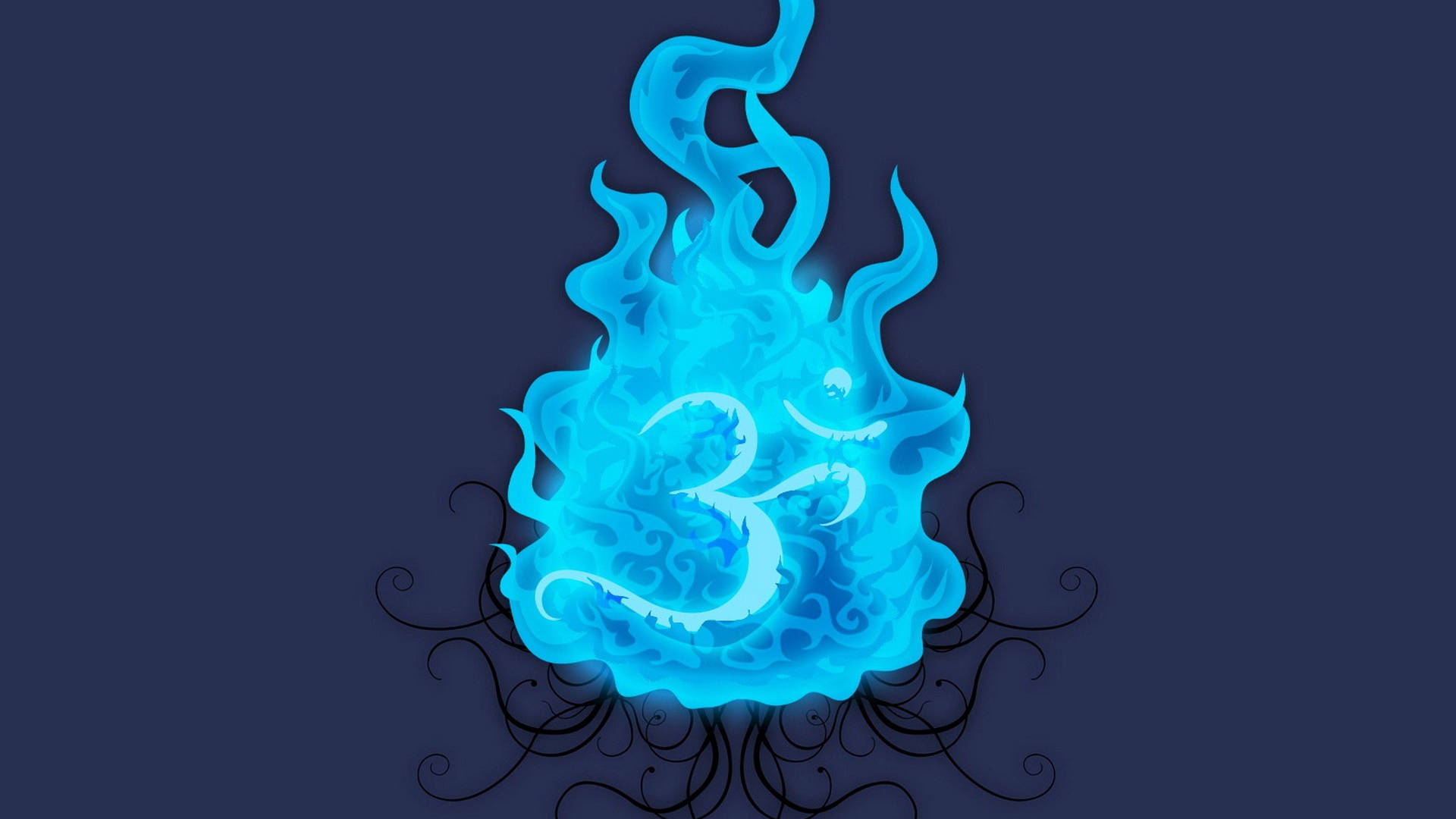 Flames 桌布 壁紙 — 發光的藍色火焰，形狀像數字三，帶有漩渦圖案和黑色華麗藤蔓，背景為深海軍藍色。