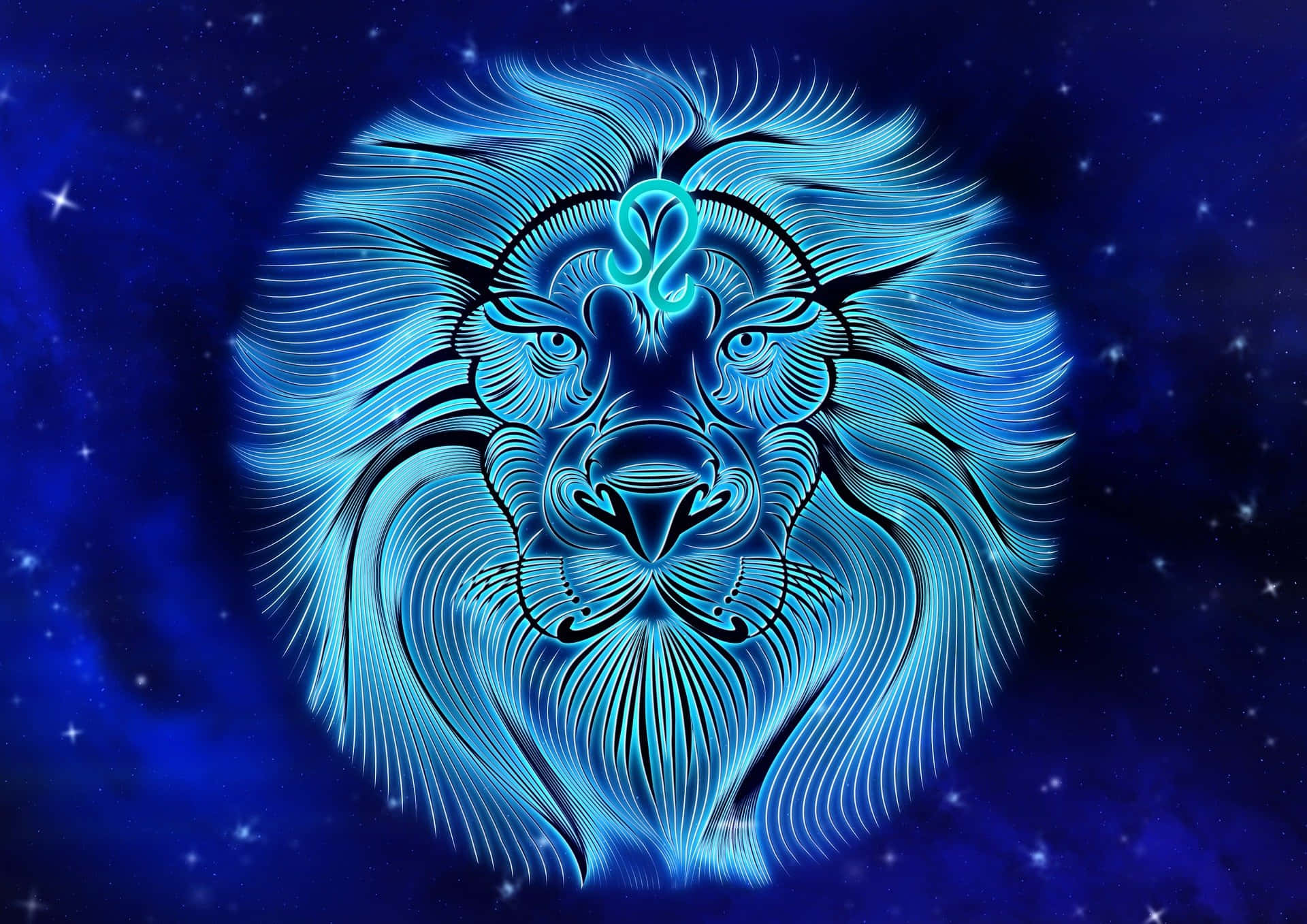 Lions 桌布 壁紙 — 發光的藍色獅子頭與星座符號在星空宇宙夜空中閃耀。