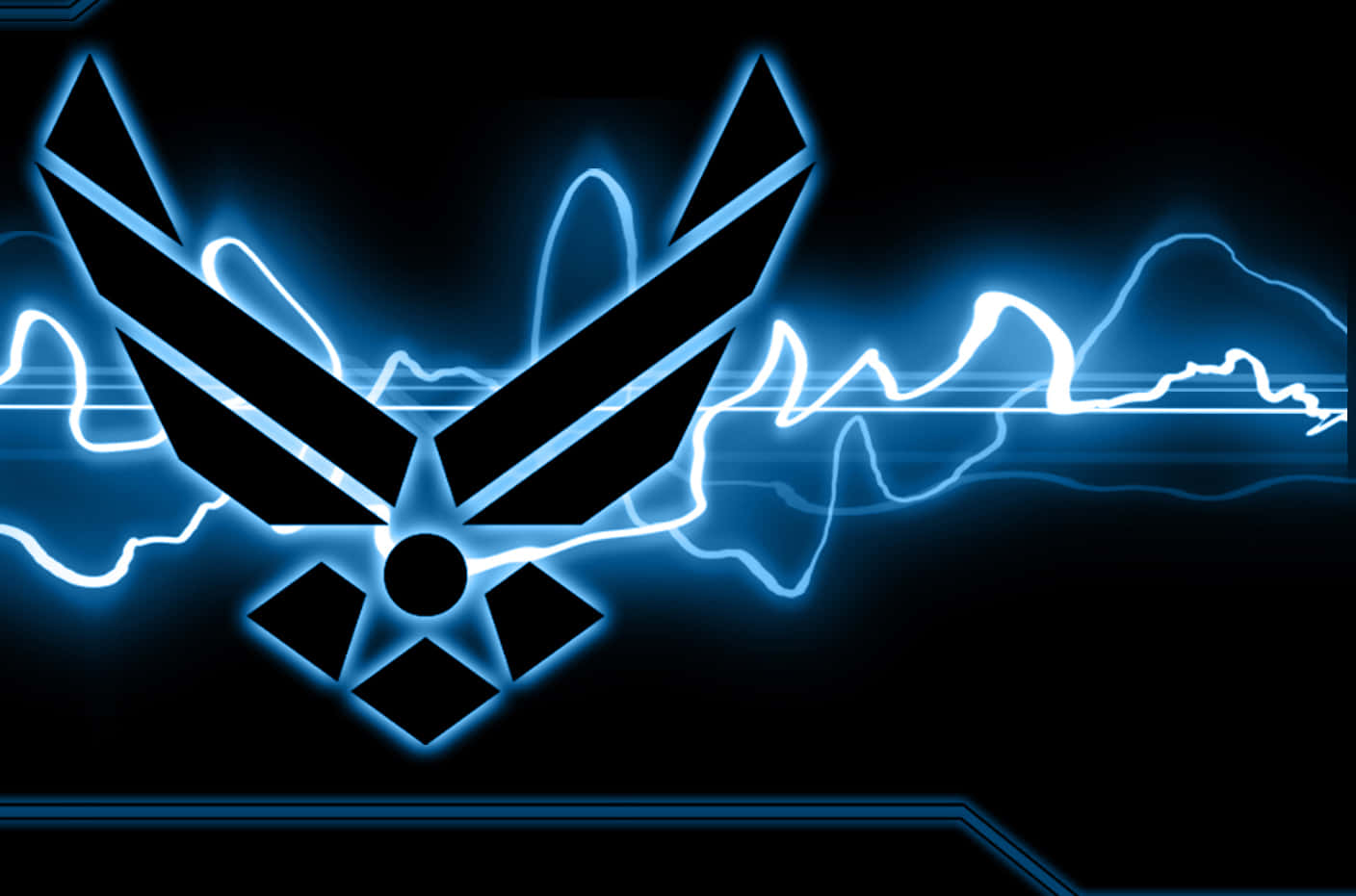 空軍 桌布 壁紙 — 發光的藍色空軍標誌在帶有電光效果的深色背景上脈動。