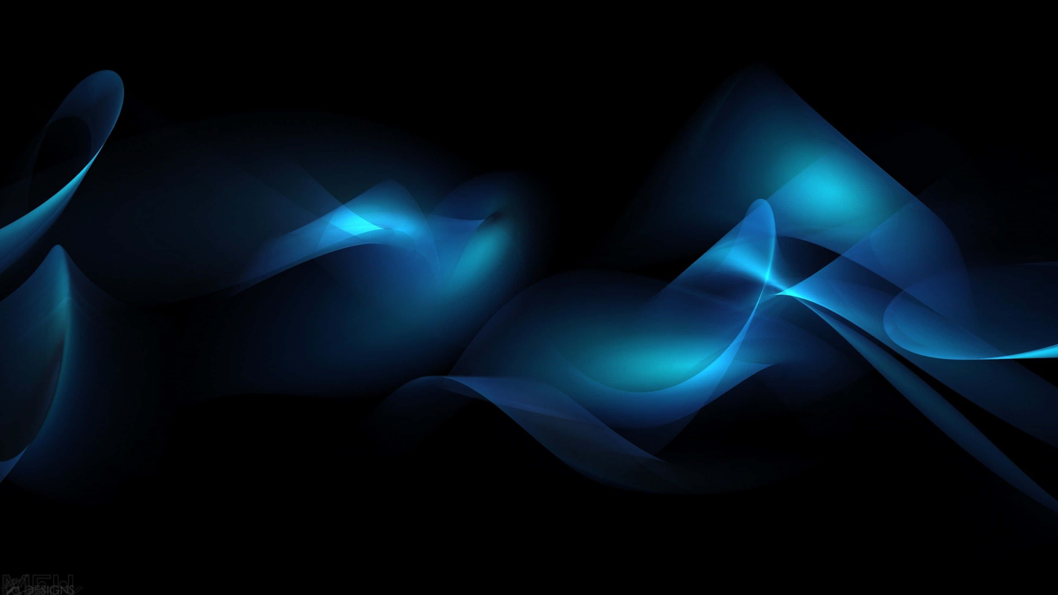 Dark Abstract Art 桌布 壁紙 — 發光的藍色空靈波浪在深黑色背景上優雅流動，營造出寧靜的數碼抽象場景。