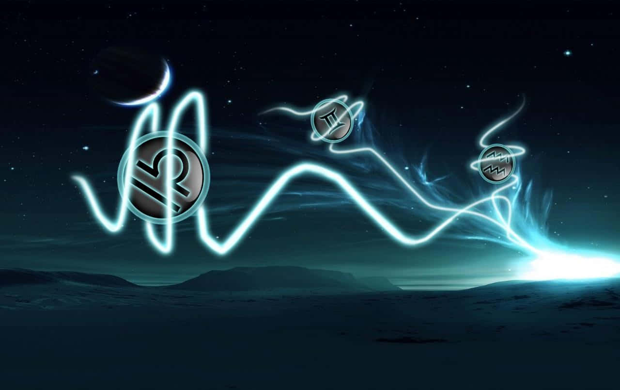 水瓶座 桌布 壁紙 — 發光的藍色能量線連接漂浮的星座硬幣符號，橫跨星空夜空，下方是黑暗的外星景觀。