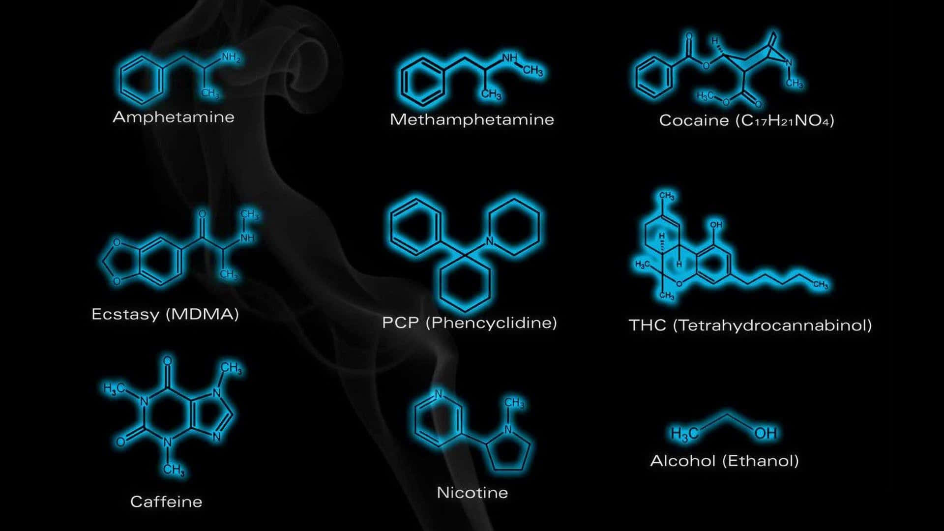 Chemistry 桌布 壁紙 — 發光的藍色藥物和物質化學結構在黑色背景上漂浮，伴隨著縷縷煙霧。