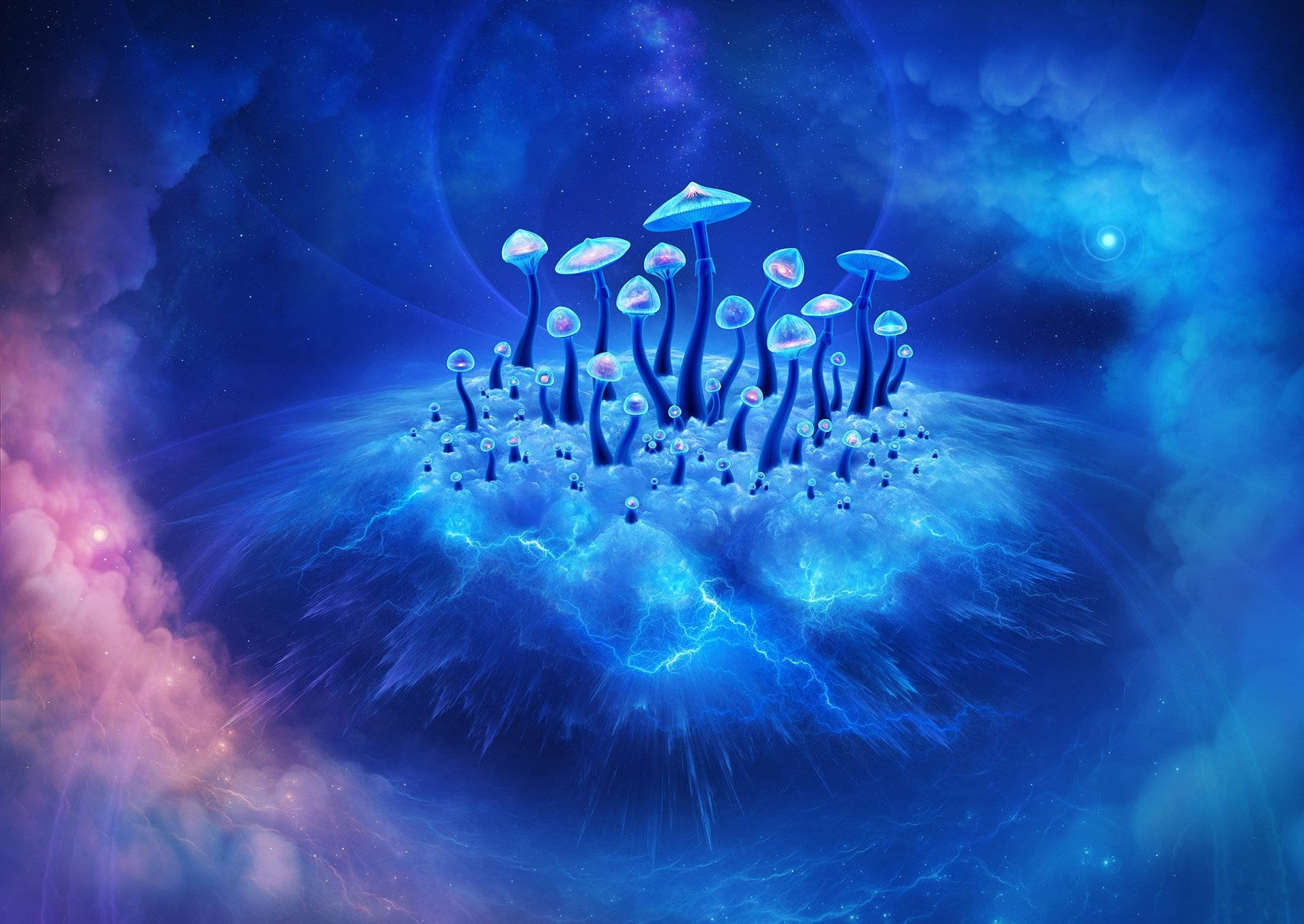 Cloud 桌布 壁紙 — 發光的藍色蘑菇生長在一個被旋轉星雲和星光包圍的宇宙島嶼上。