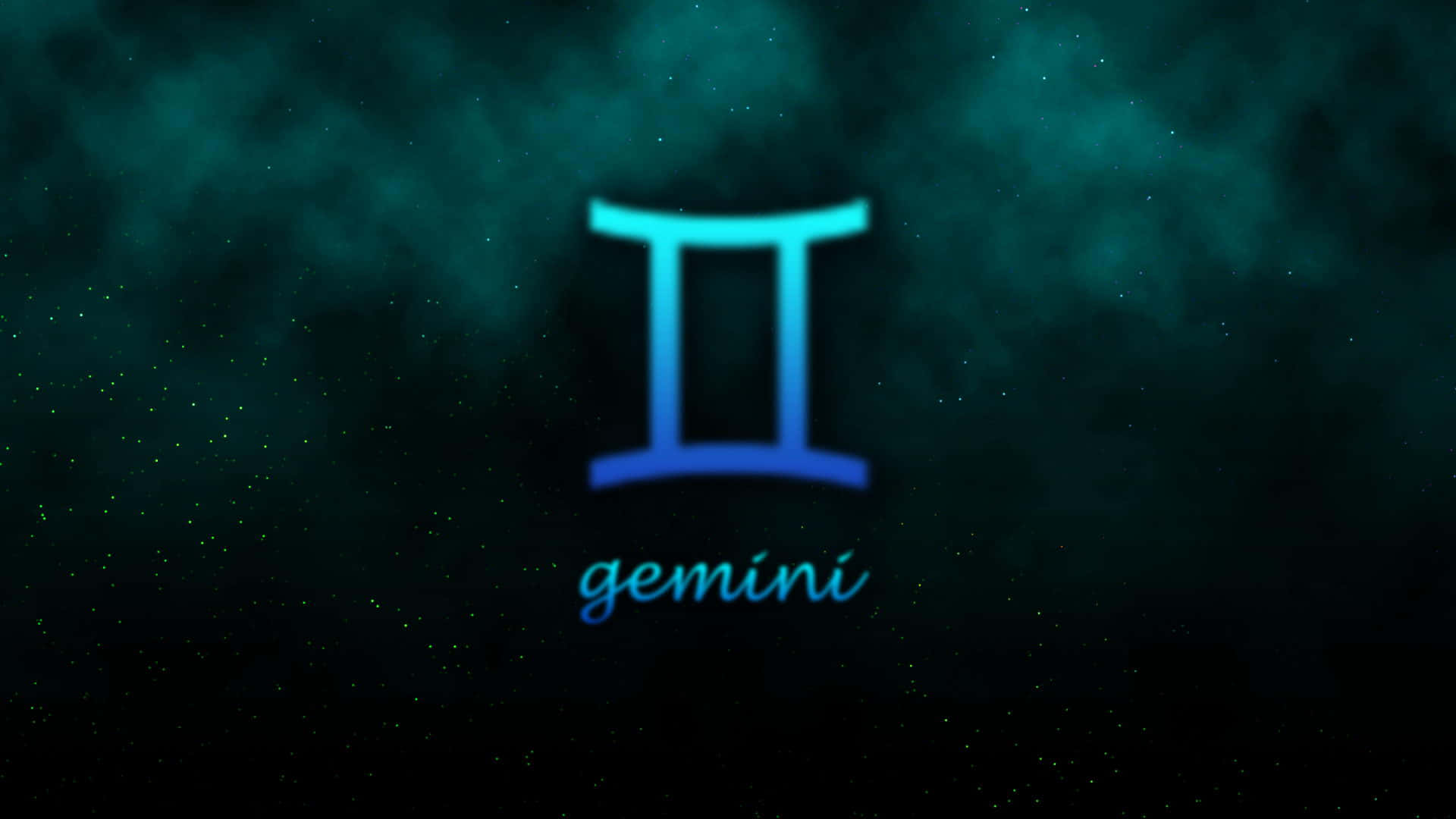 雙子座 桌布 壁紙 — 發光的藍色雙子座星座符號在深藍綠色星空宇宙背景中閃耀。