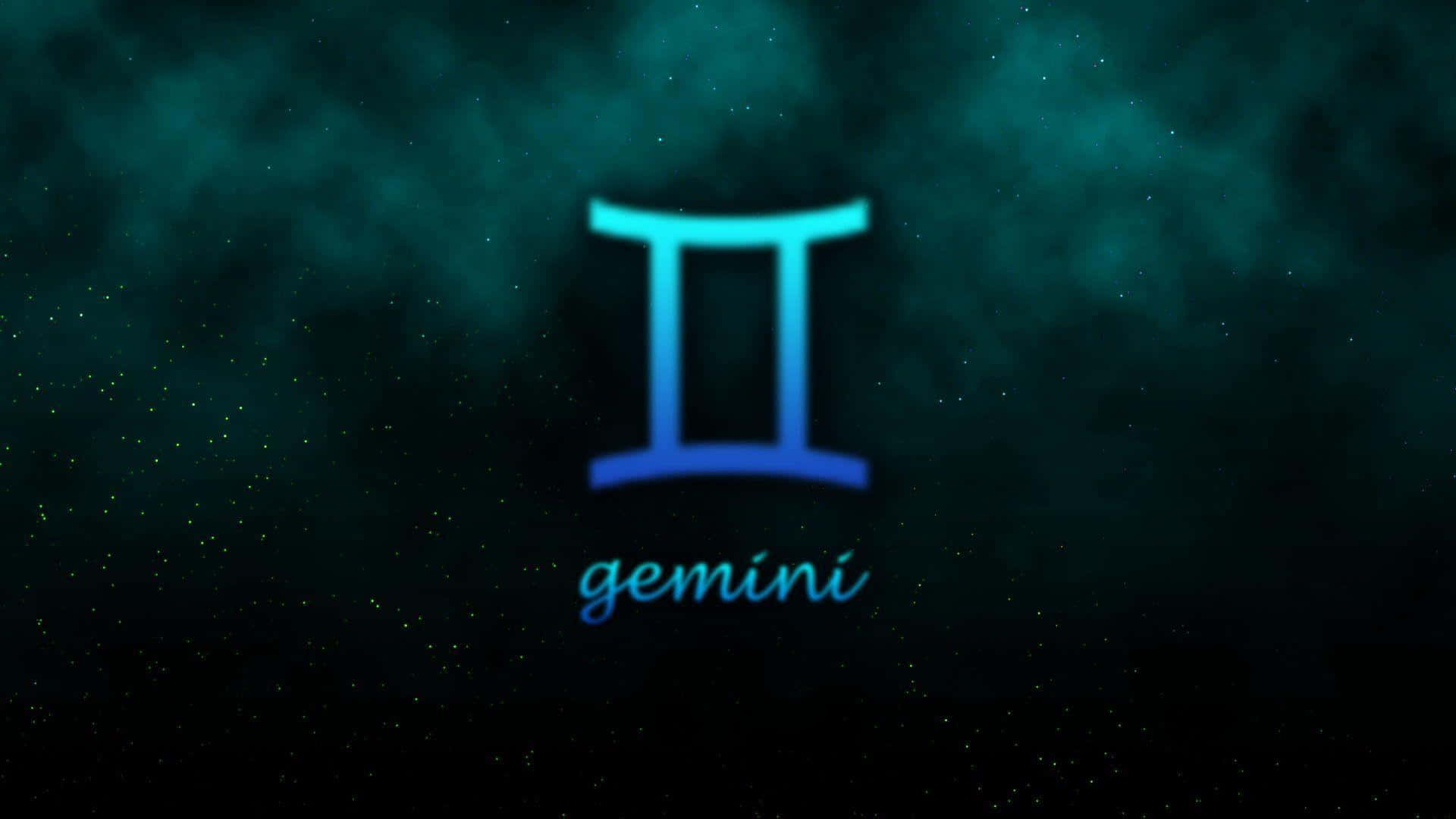 gemini 桌布 壁紙 — 發光的藍色雙子座星座符號在深藍綠色星空宇宙背景中閃耀。
