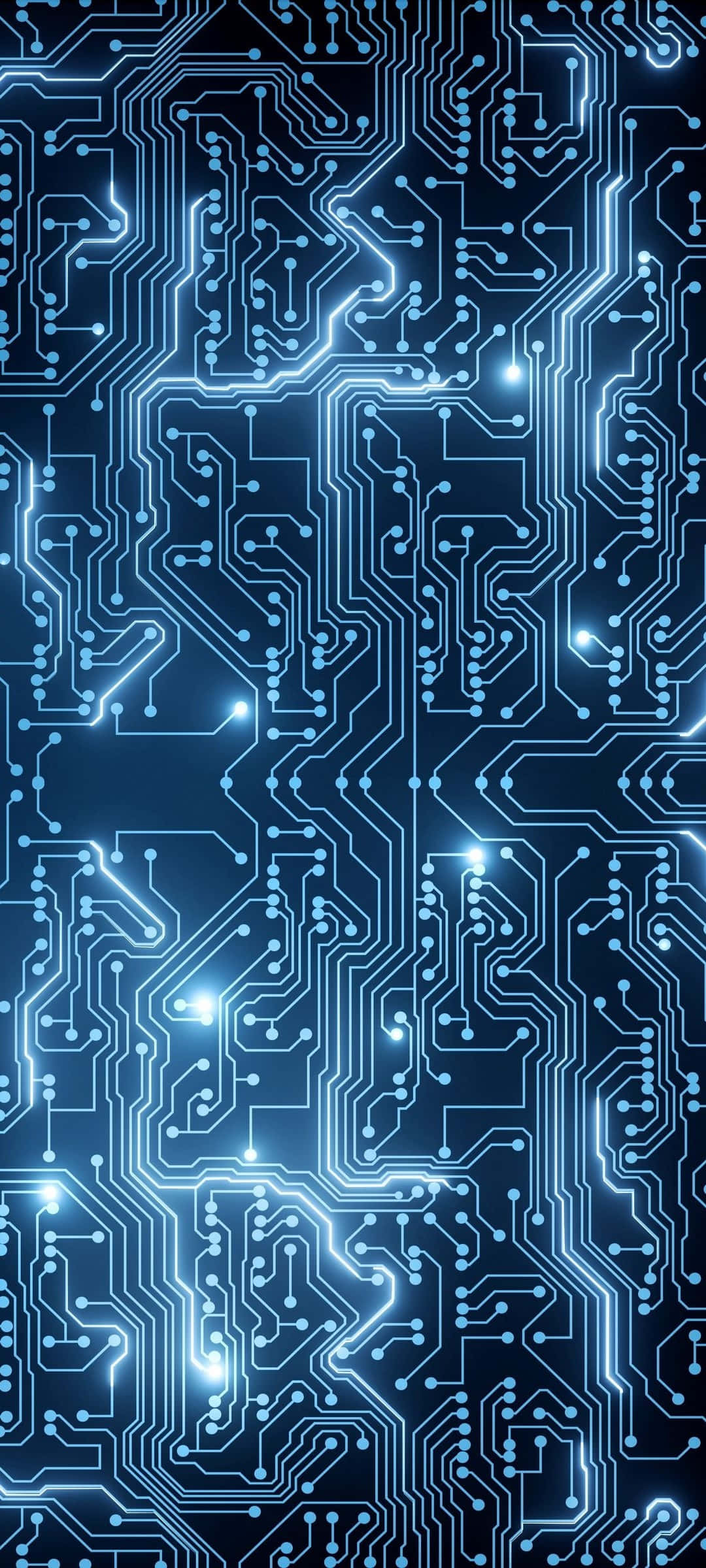 Motherboard 桌布 壁紙 — 發光的藍色電路板路徑在黑暗背景下脈動著光芒。