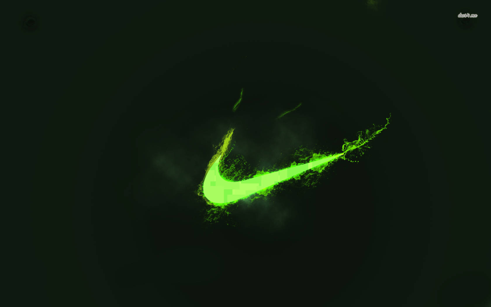 Nike 桌布 壁紙 — 發光的螢光綠色Nike勾標在深色背景上迸發出粒子效果。