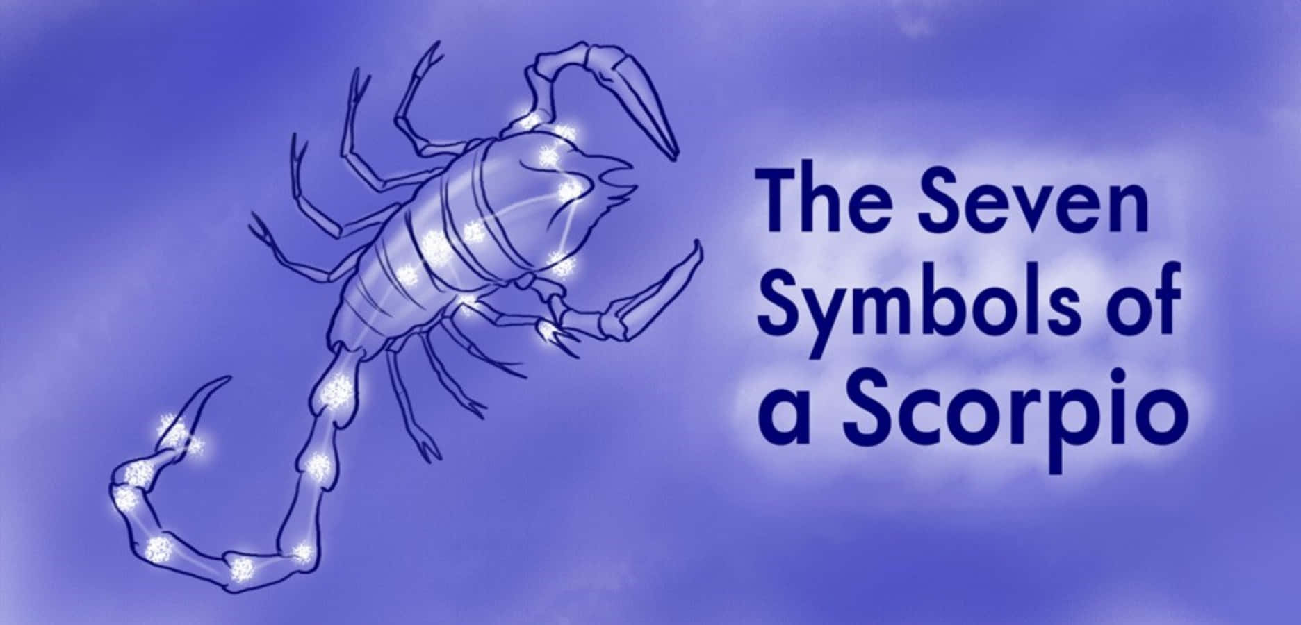 Scorpio 桌布 壁紙 — 發光的蠍子輪廓，尾巴上有閃爍的點，在柔和的紫色天空上漂浮，旁邊是粗體文字。