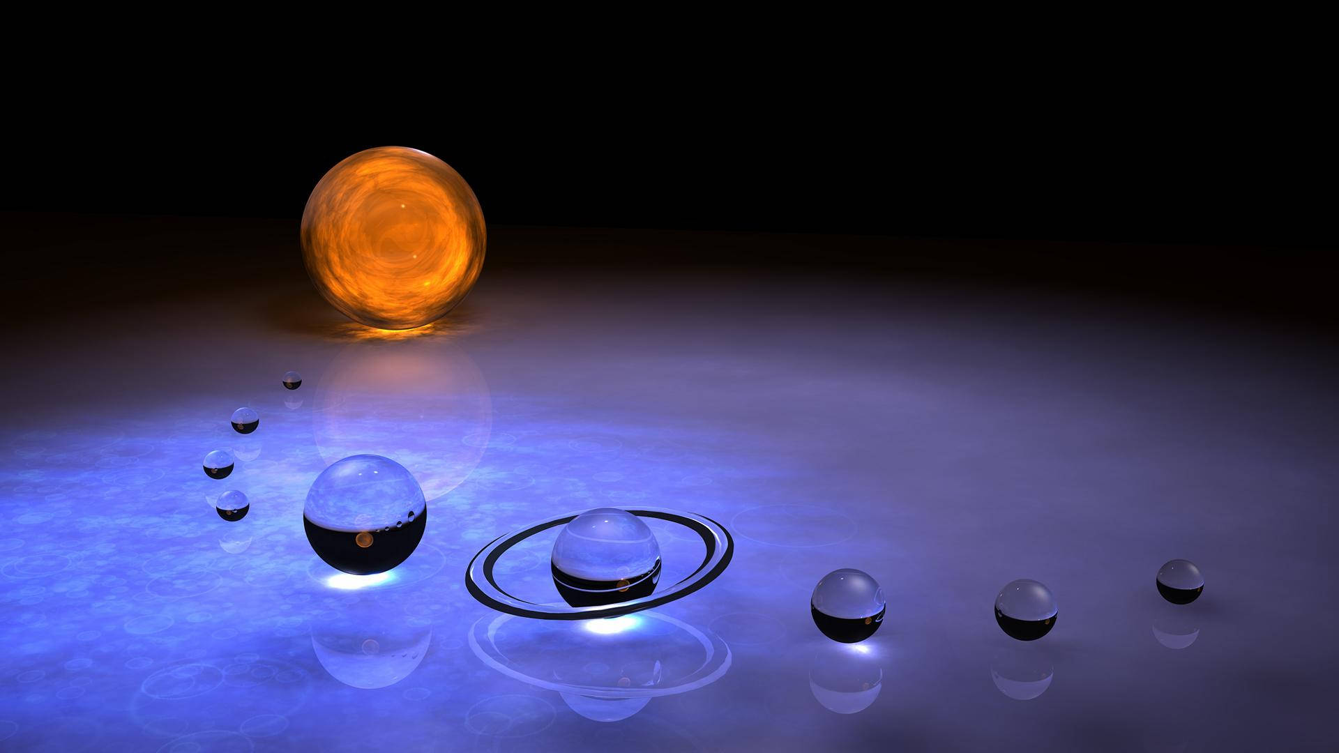 Solar System 桌布 壁紙 — 發光的行星和衛星在反射的藍色表面上，在耀眼的橙色太陽下休息。