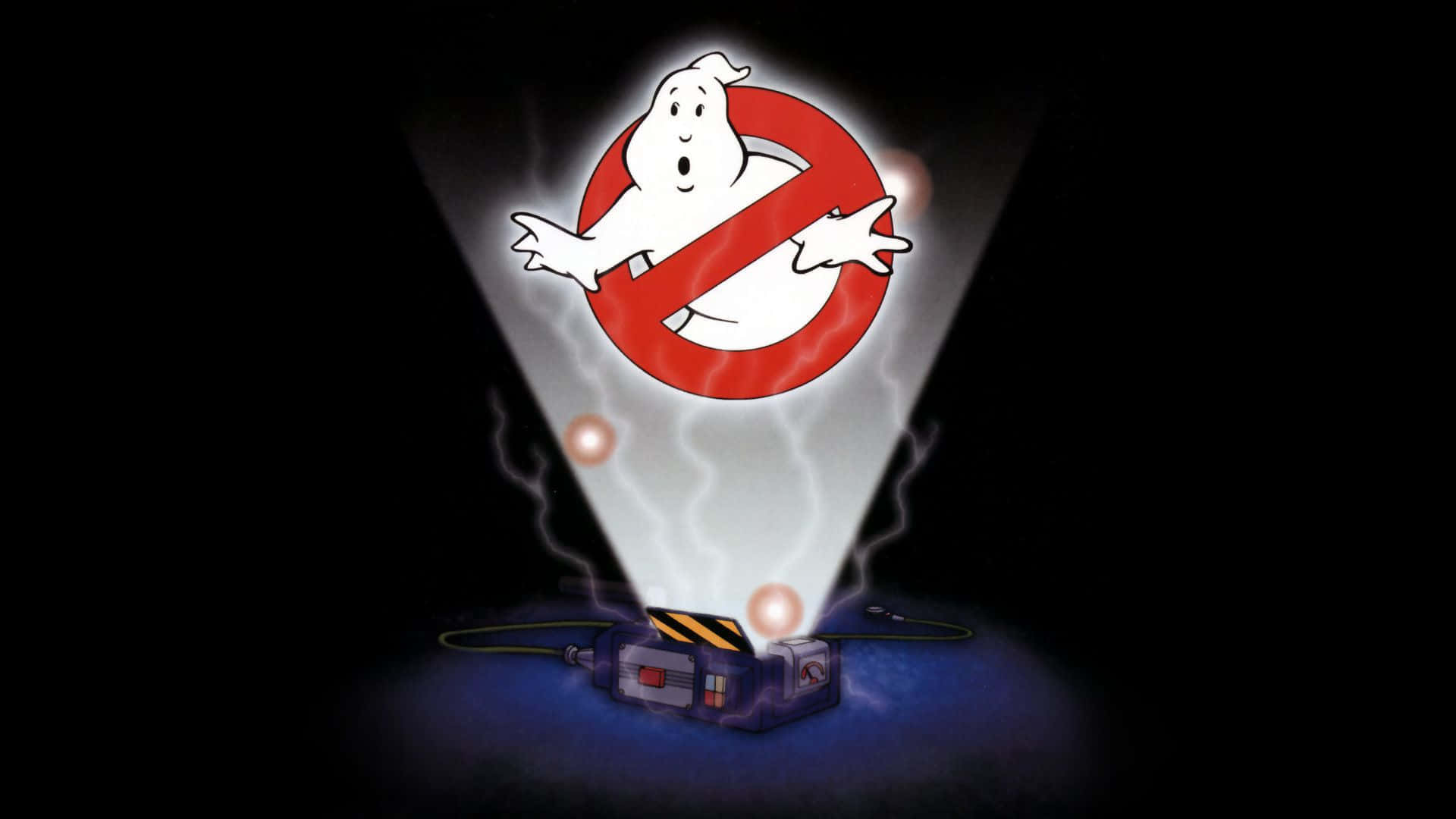 Ghostbusters 桌布 壁紙 — 發光的質子背包在黑暗背景上投射出標誌性的捉鬼敢死隊標誌，並伴有漂浮球體。