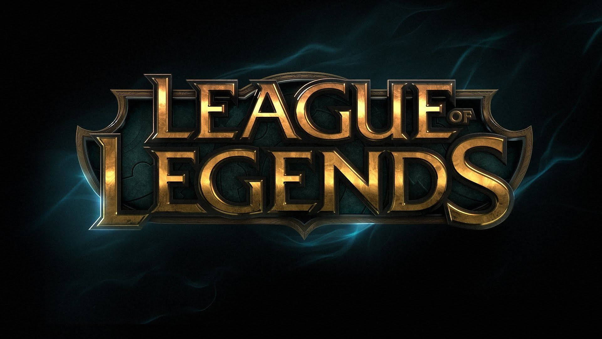 背景 桌布 壁紙 — 發光的金色League of Legends標誌，帶有電光藍色能量在深色背景上旋轉。