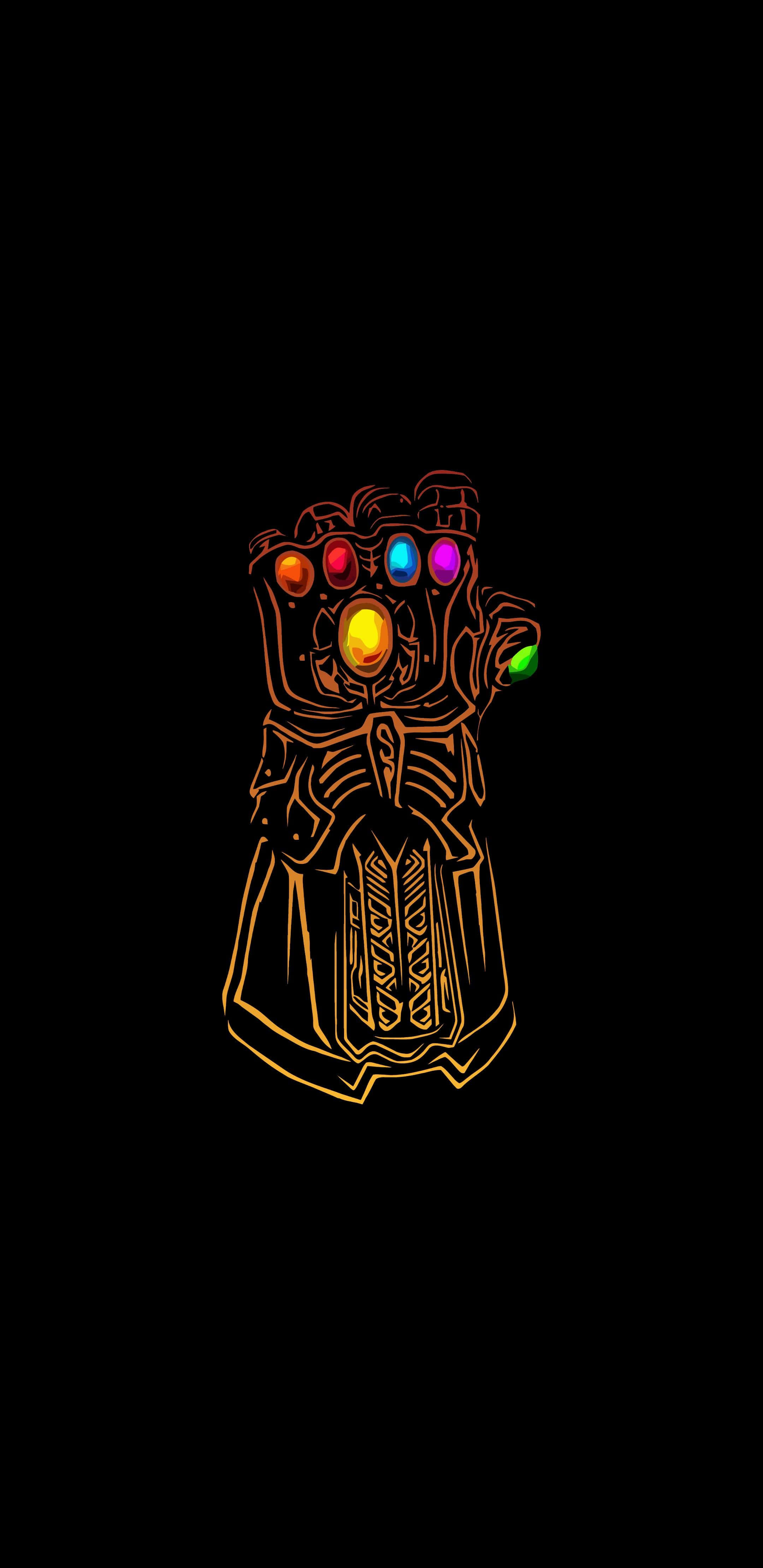 Infinity Gems 桌布 壁紙 — 發光的金色無限手套，帶有六顆彩色寶石，以霓虹燈勾勒，襯托黑色背景。