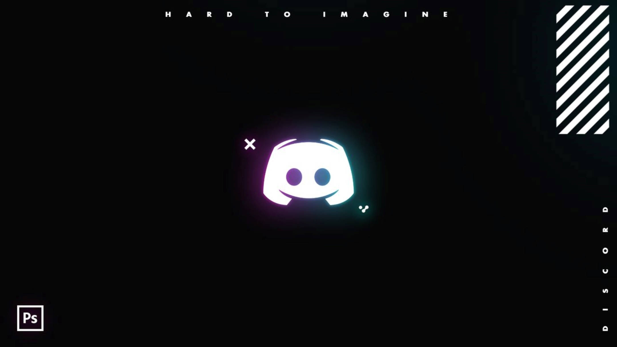 Discord X Adobe PS 壁紙 — 發光的霓虹Discord標誌在黑色背景上柔和地脈動，帶有對角線條紋點綴和文字元素。