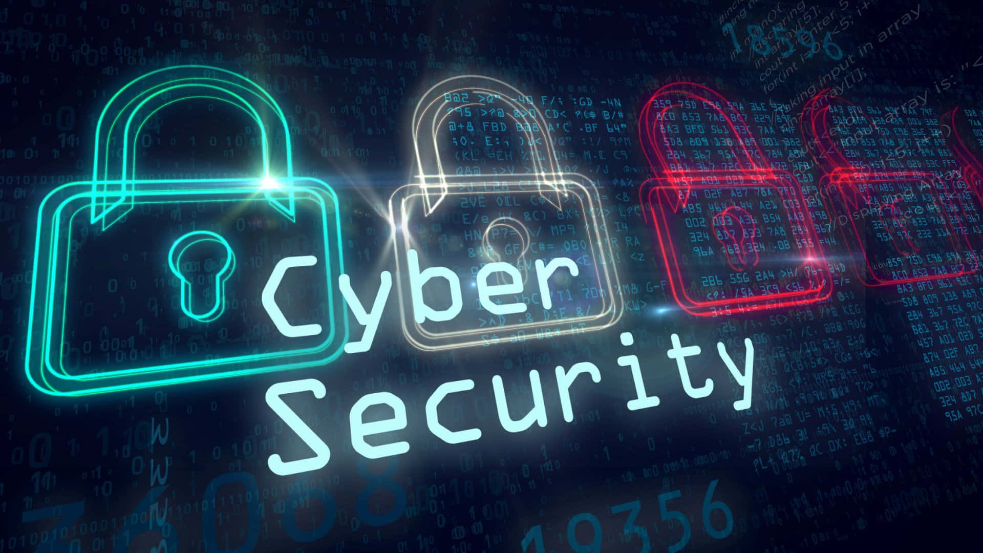 security 桌布 壁紙 — 發光的霓虹掛鎖和「網絡安全」文字漂浮在充滿浮動代碼的黑暗數位背景上。