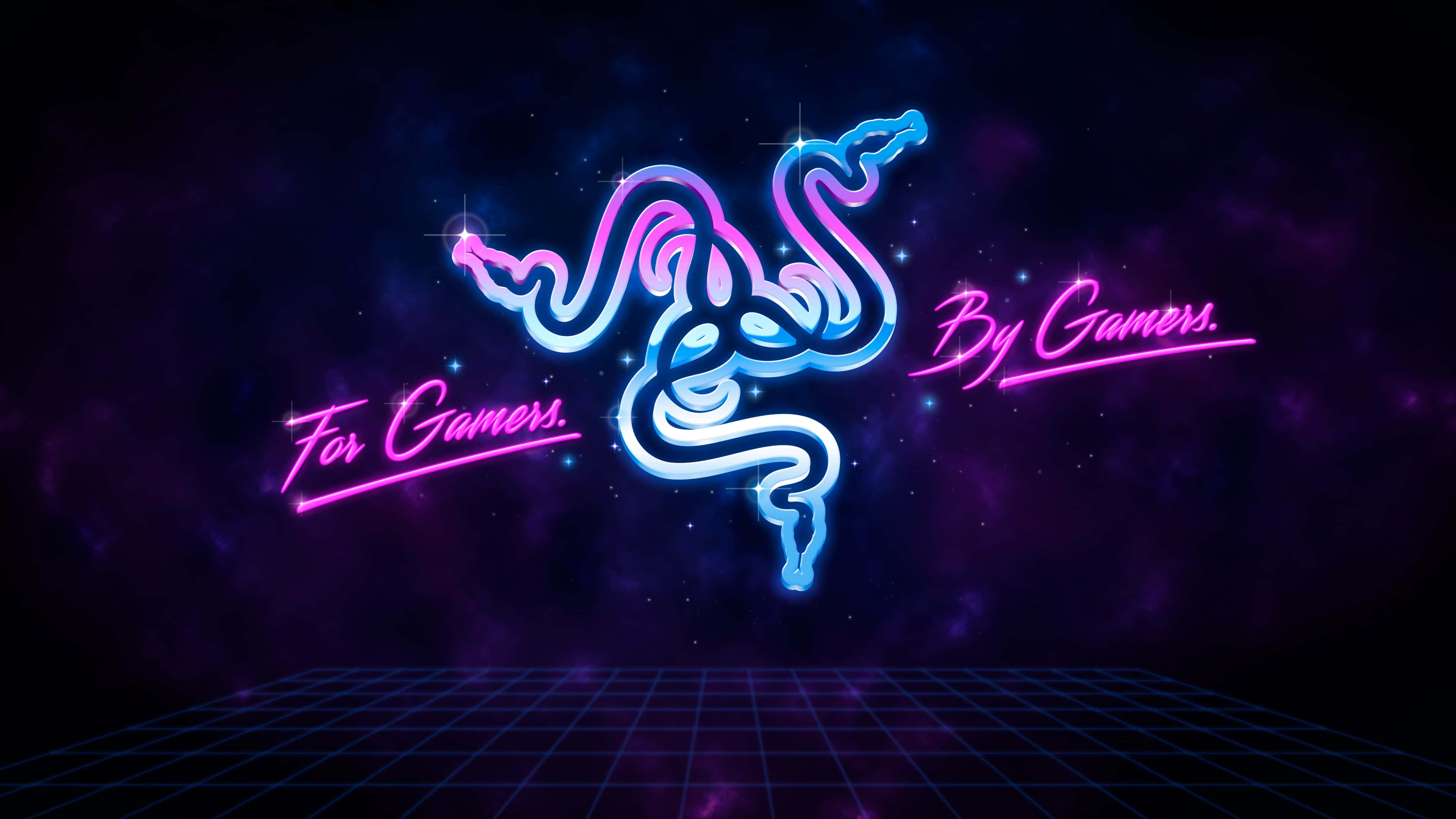 Gamer 桌布 壁紙 — 發光的霓虹燈 Razer 標誌，帶有「For Gamers. By Gamers.」文字，漂浮在網格上方，背景為宇宙紫色。