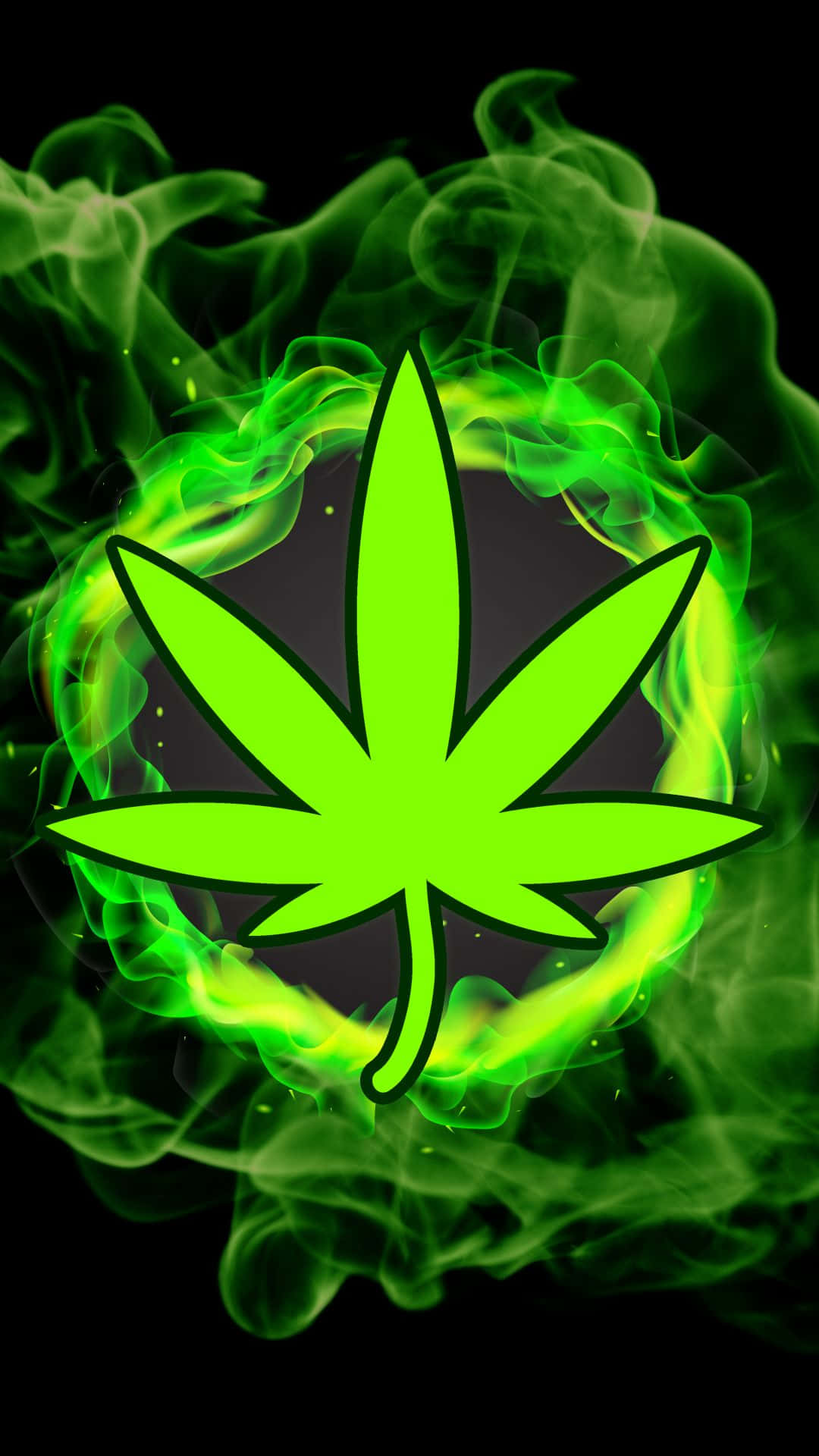 Green Phone 桌布 壁紙 — 發光的霓虹綠色大麻葉，被旋轉的煙霧環繞，背景為黑色。