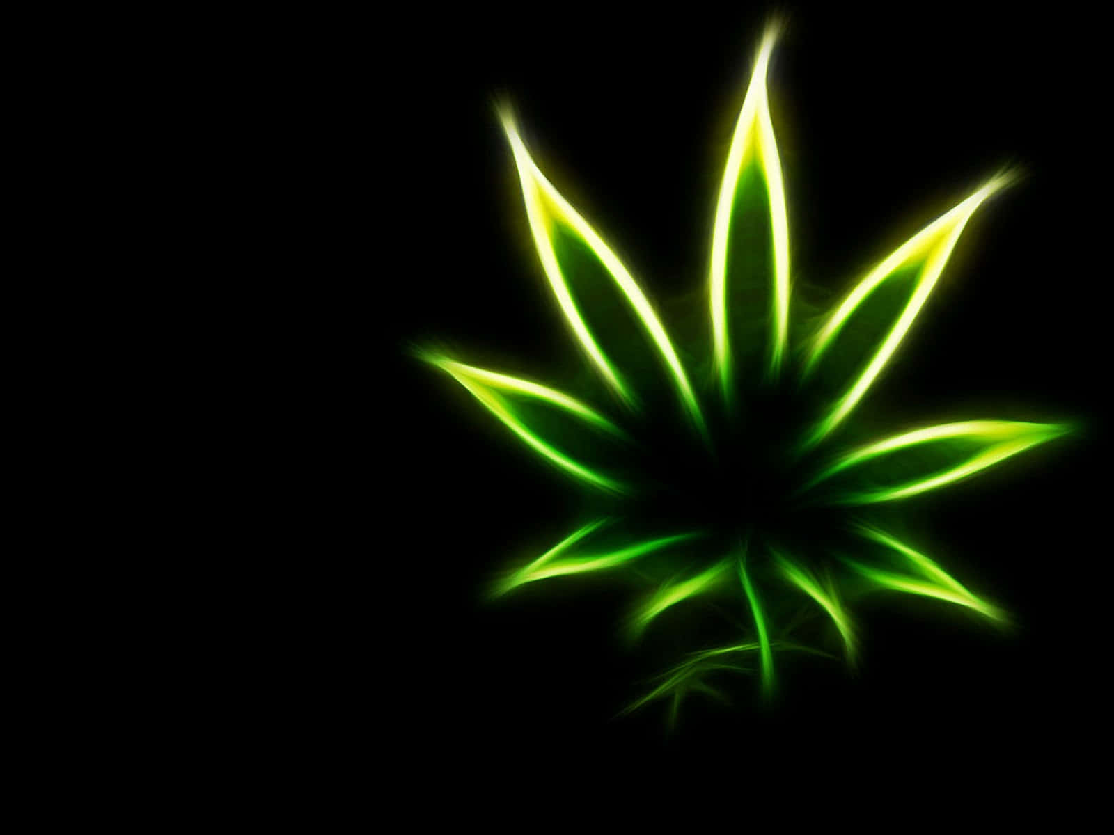 迷幻 桌布 壁紙 — 發光的霓虹綠色大麻葉在純黑色背景上散發柔和的光跡。