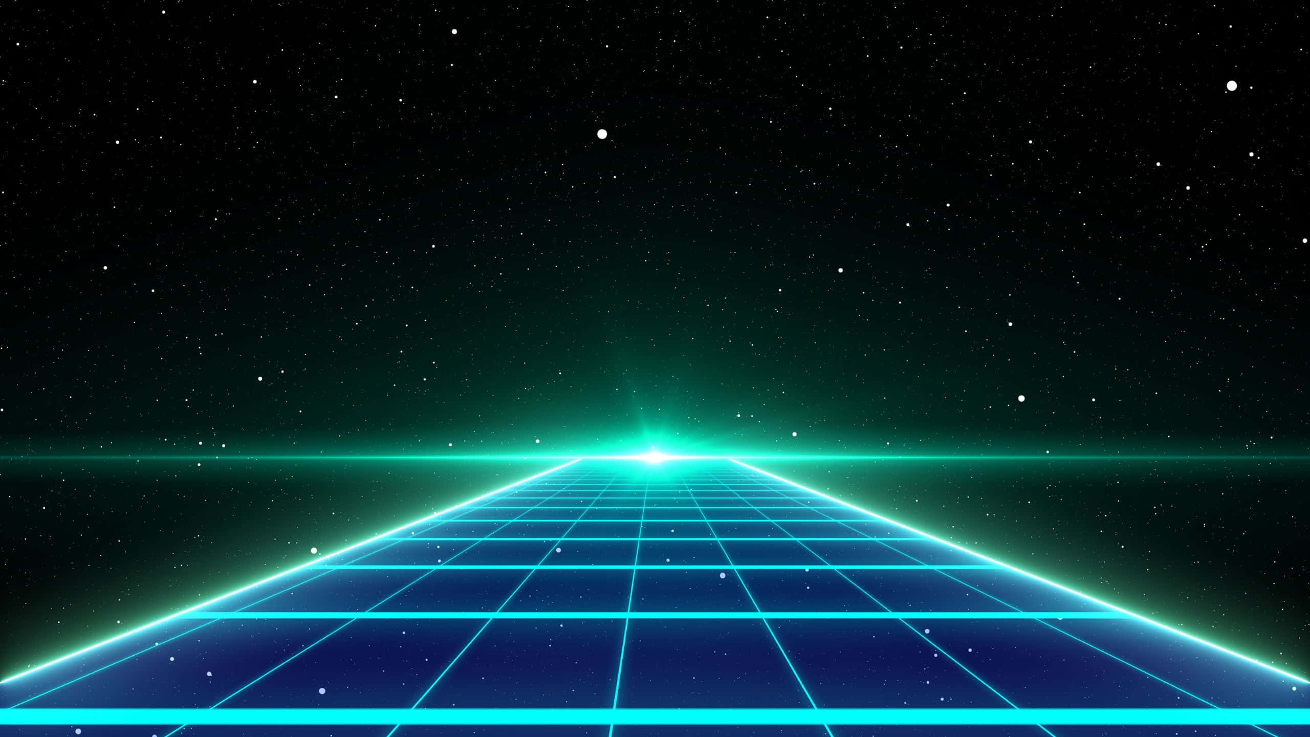 Gaming Banner 桌布 壁紙 — 發光的霓虹網格延伸至繁星點點的宇宙虛空，地平線上有耀眼的綠光。