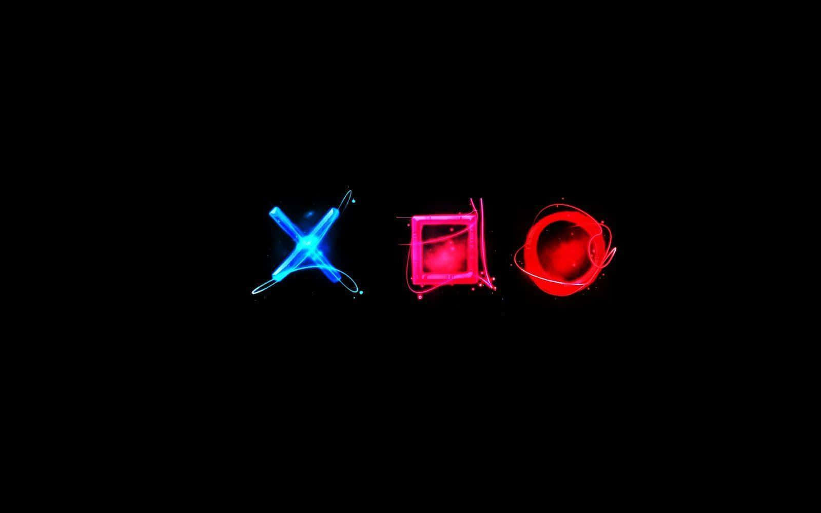 Gamer 桌布 壁紙 — 發光的霓虹藍色X粉紅色正方形和紅色圓形符號漂浮在漆黑的背景上。