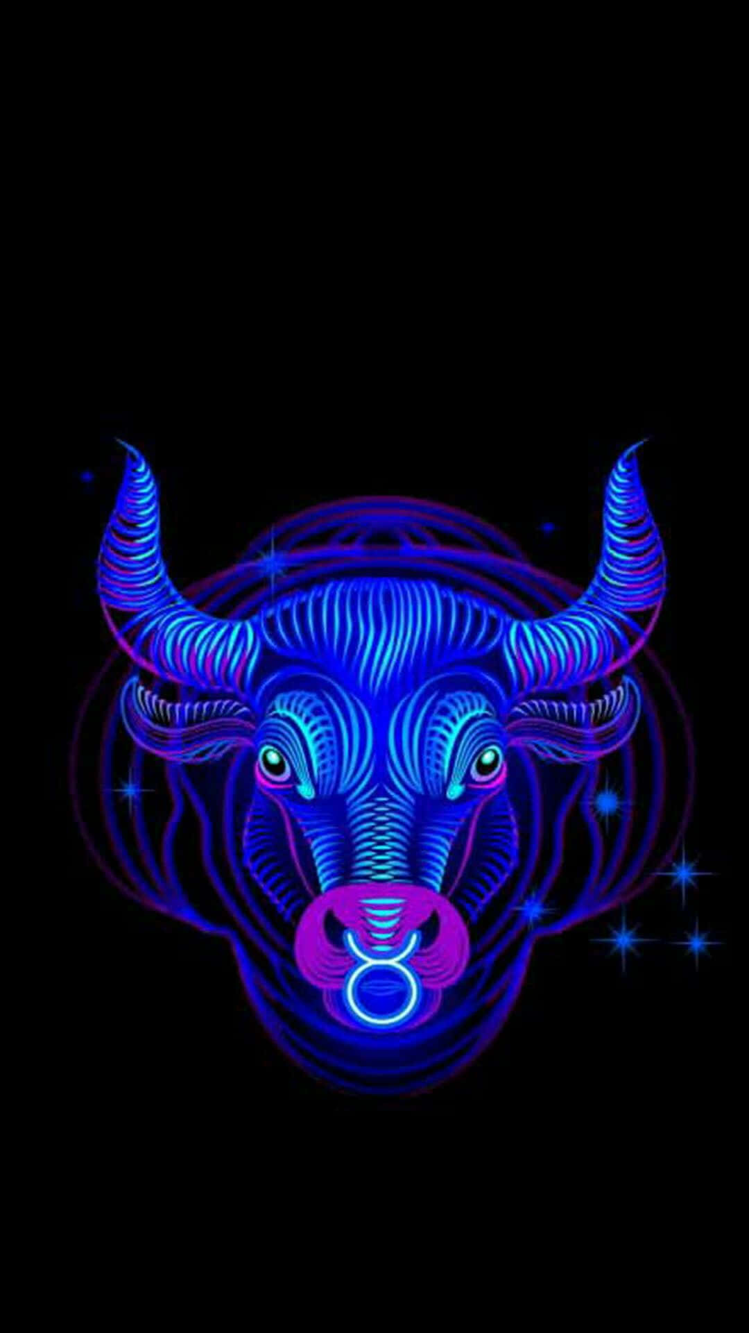 taurus 桌布 壁紙 — 發光的霓虹藍色和紫色公牛頭，帶有星爆，背景為黑色。