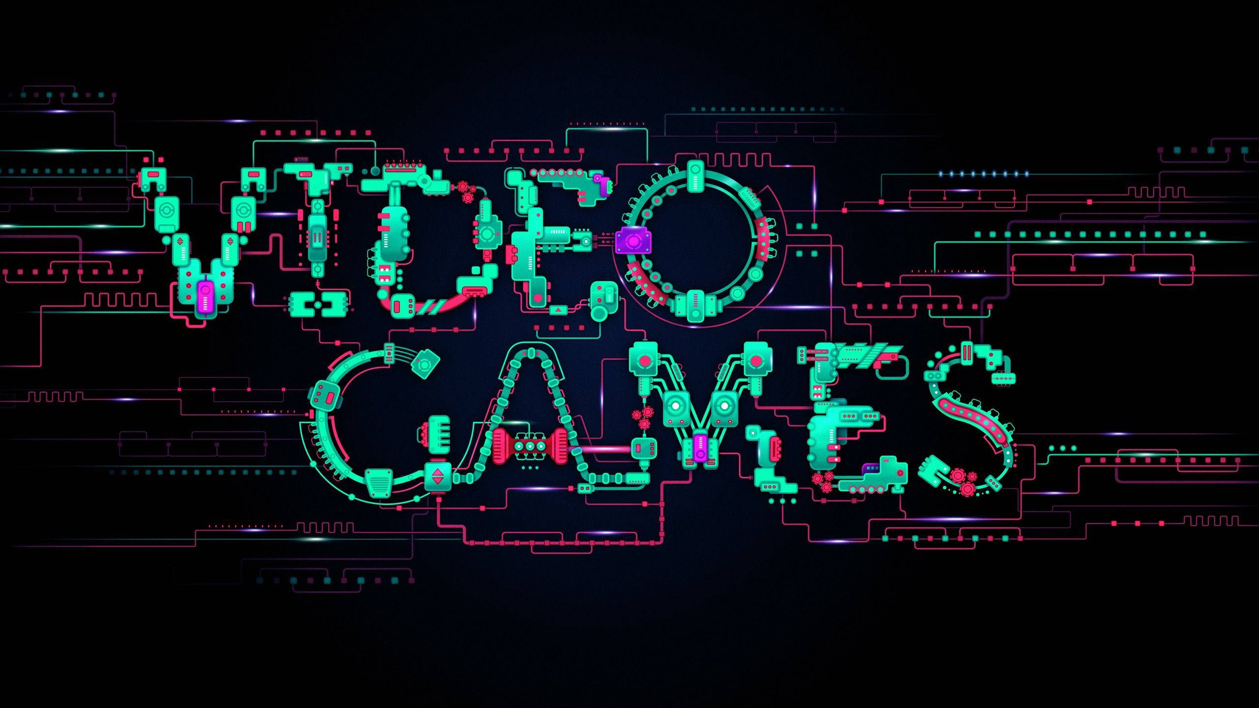 遊戲 桌布 壁紙 — 發光的霓虹電路在黑暗的數位背景上形成「VIDEO GAMES」字樣。