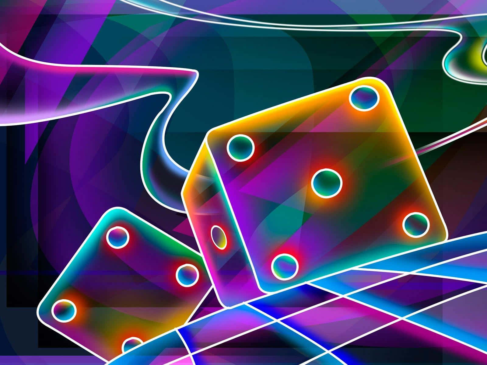 3d Abstract 桌布 壁紙 — 發光的霓虹骰子帶有發光點，放置在充滿活力的幾何網格上，背景是旋轉的黑暗。