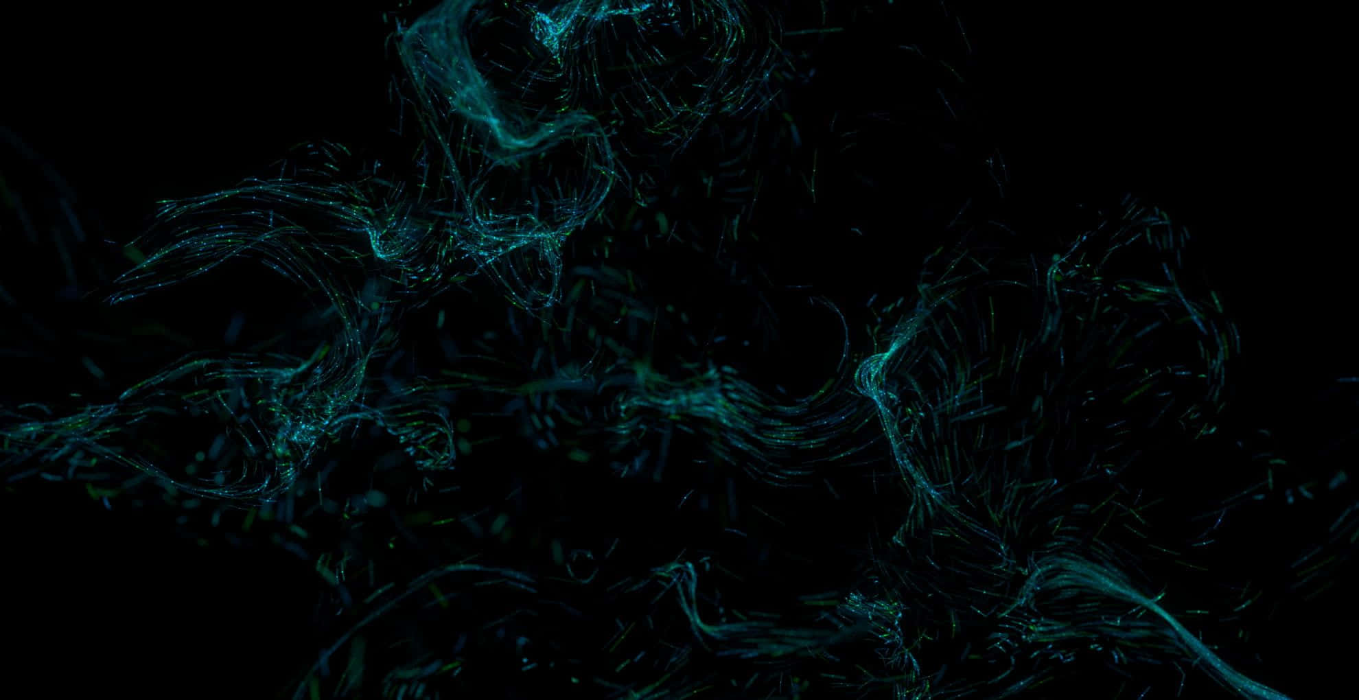Dark Digital Art 桌布 壁紙 — 發光的青綠色數位絲線在漆黑虛空中旋轉，形成迷人的抽象圖案。