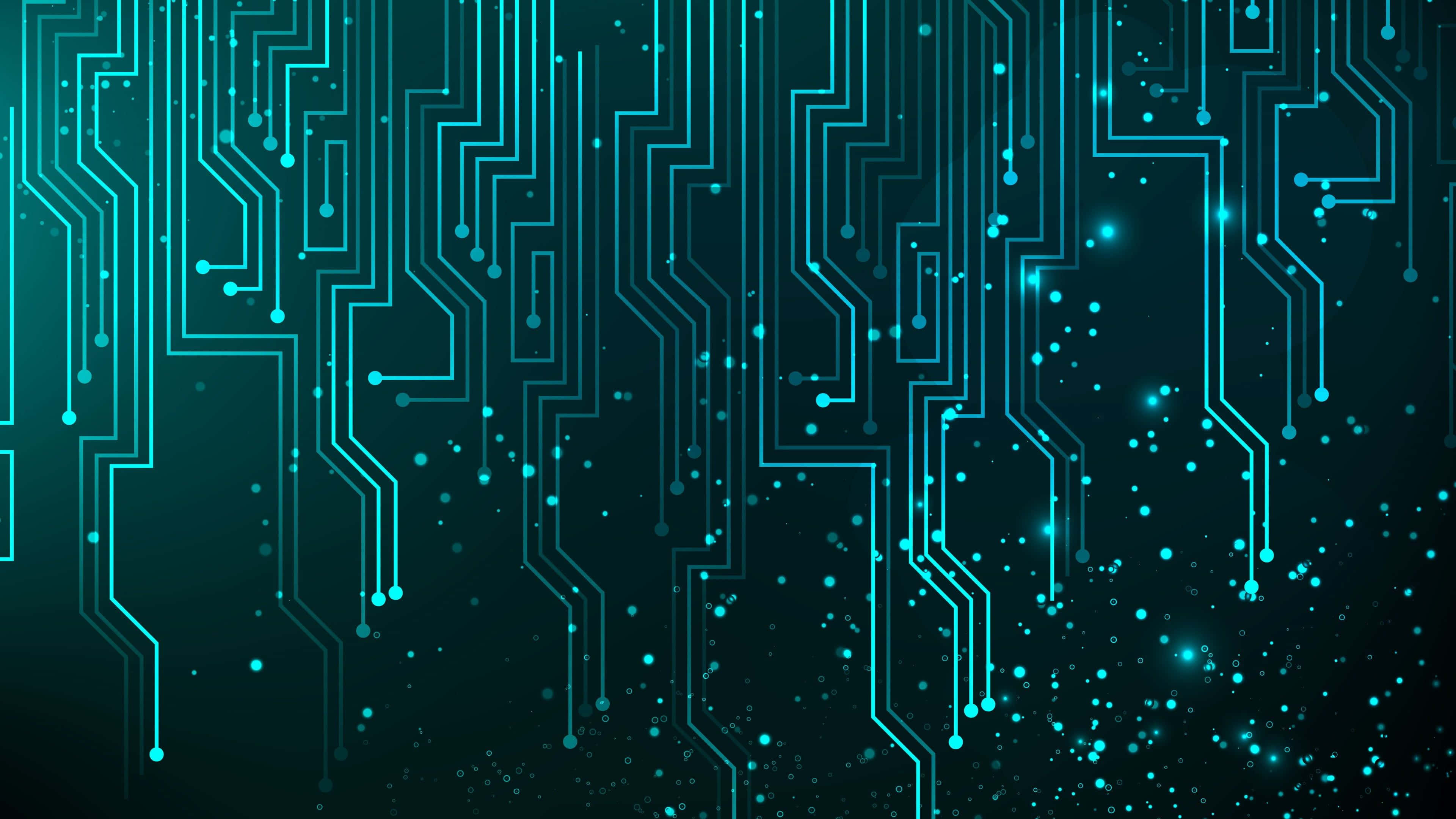 3d Technology 桌布 壁紙 — 發光的青綠色電路線條和數位粒子在黑暗背景上流動，形成未來科技圖案。