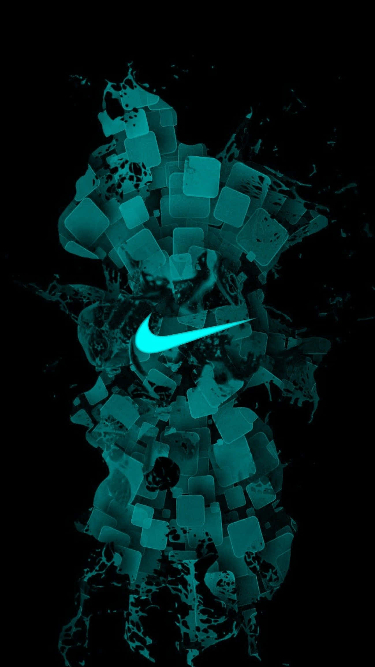 Blue Nike 桌布 壁紙 — 發光的青色Nike剔號從破碎的玻璃碎片中浮現，背景為黑色。