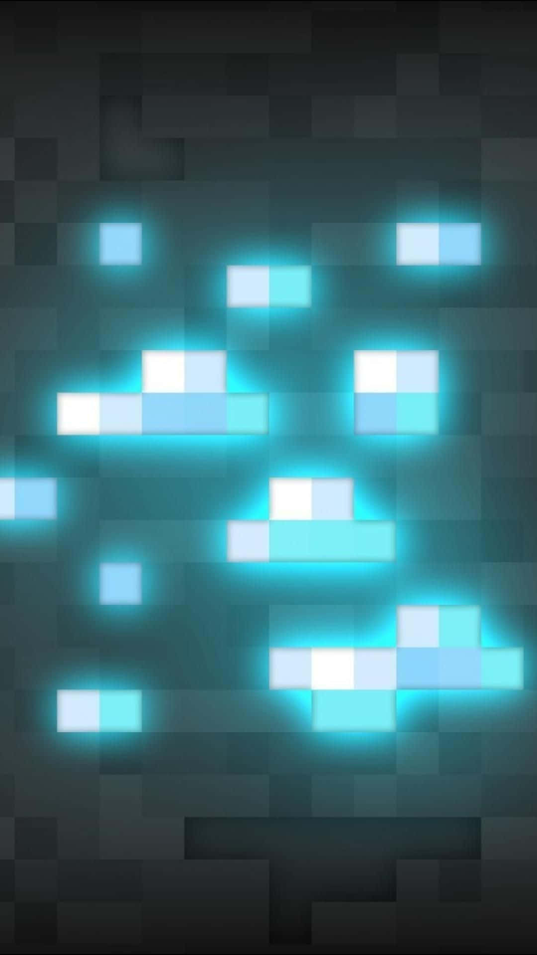 Minecraft Phone 桌布 壁紙 — 發光的青色像素化方形在黑暗紋理背景上漂浮，形成數碼抽象圖案。