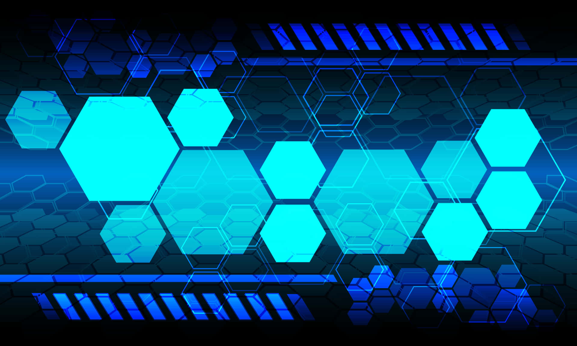 Twitter Header 桌布 壁紙 — 發光的青色六邊形漂浮在帶有未來感數位條紋的深藍色六邊形網格上。