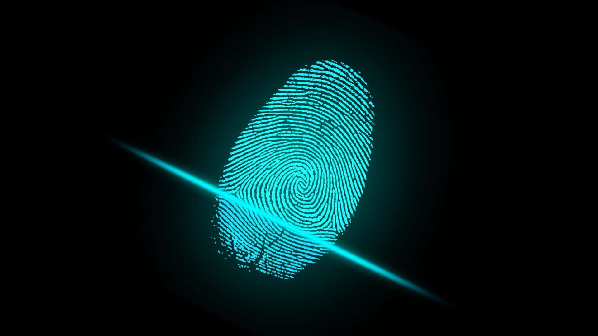 Fingerprint 桌布 壁紙 — 發光的青色指紋在黑色虛空中旋轉，一道耀眼的光束穿過其中心。