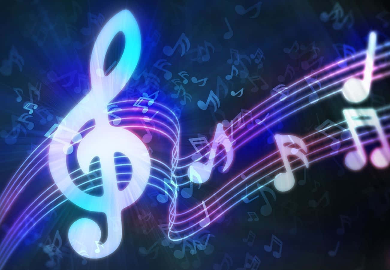 Musical 桌布 壁紙 — 發光的高音譜號和音符在黑暗背景上散發出充滿活力的霓虹藍色和紫色光芒。