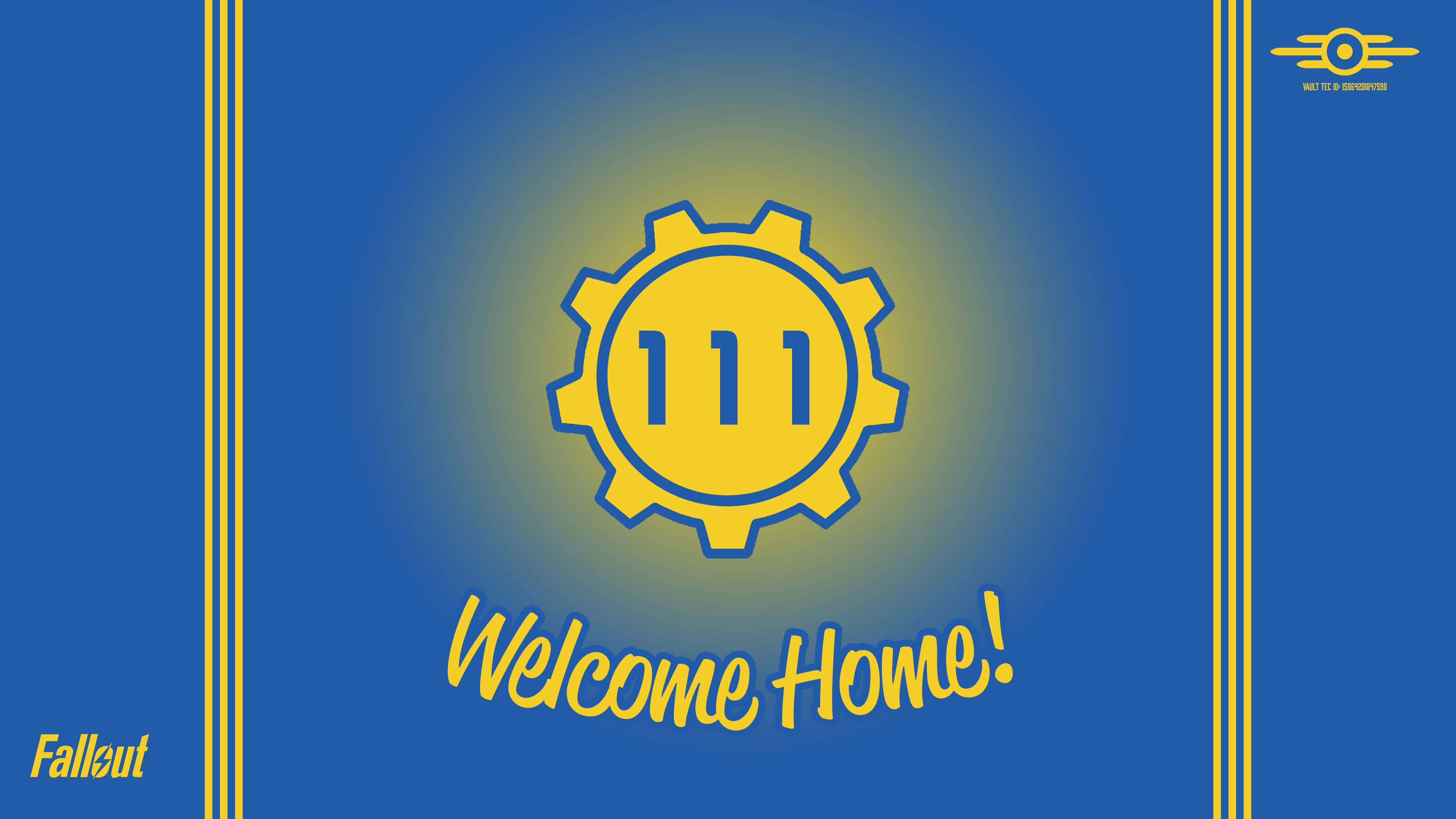Fallout 4 Vault 桌布 壁紙 — 發光的黃色Vault 111標誌居中在藍色背景上，帶有'Welcome Home!'文字和Fallout品牌標識。