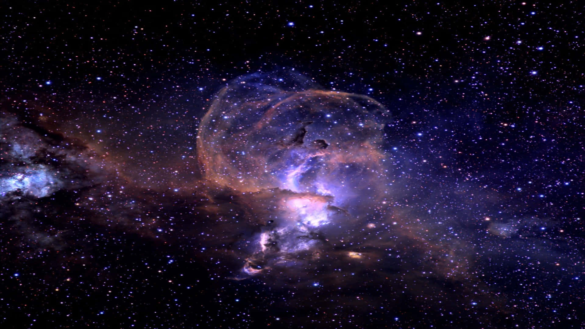 充滿活力的宇宙星雲，在繁星點點的夜空背景下發出紫色和橙色的光芒。