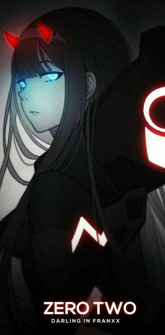 來自《Darling in Franxx》的動漫角色零二，擁有發光的眼睛和紅色角。