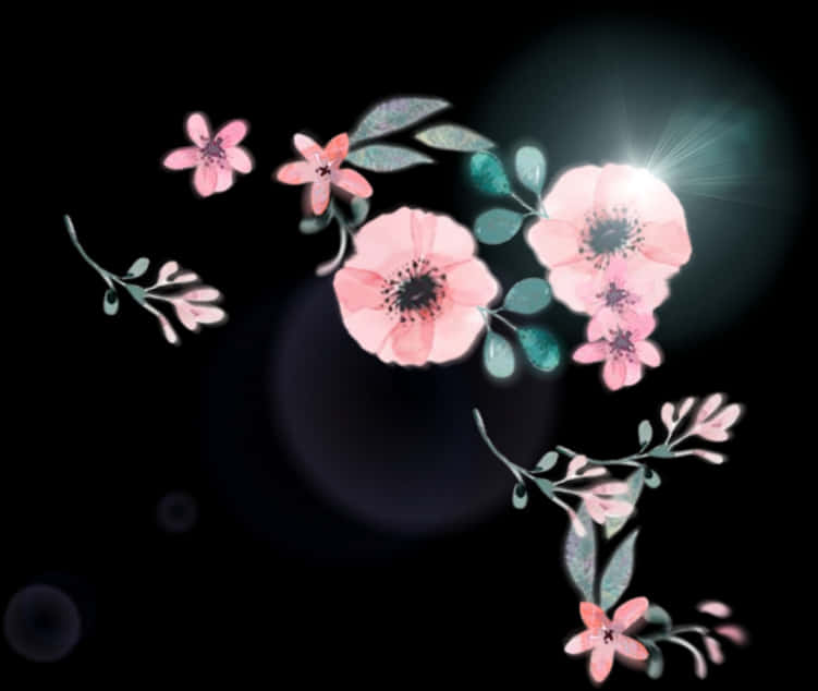 發光粉紅花朵深色背景 壁紙 — 粉紅色的花朵和藍綠色的葉子在黑色背景上漂浮，背景被發光的太陽光暈鏡頭光暈照亮。
