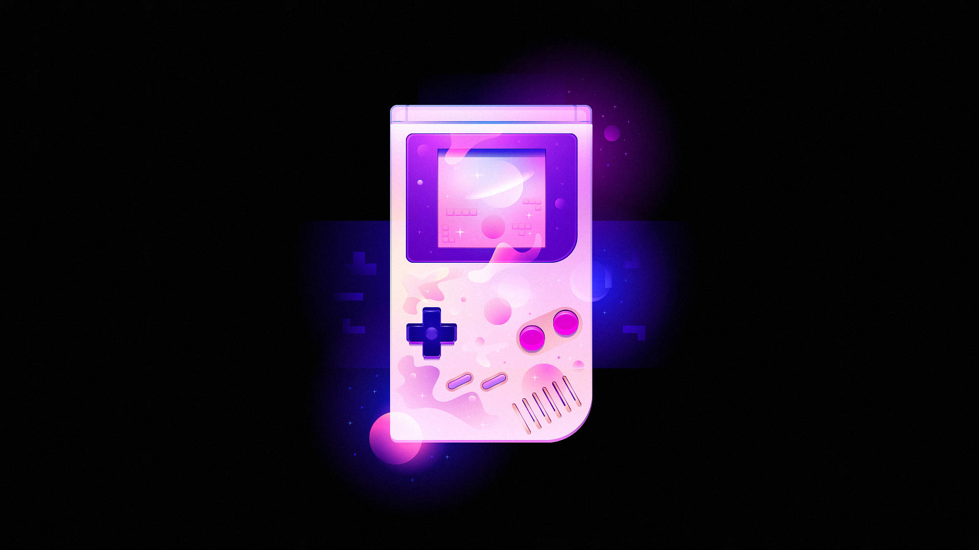 發光粉藍色的任天堂Game Boy 壁紙 — 在深色背景下，發光的粉紅色和紫色 Game Boy 搭配霓虹粒子效果。
