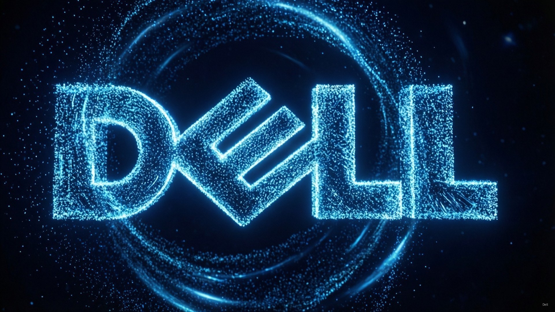 由發光藍色粒子在宇宙漩渦中旋轉組成的 Dell 標誌