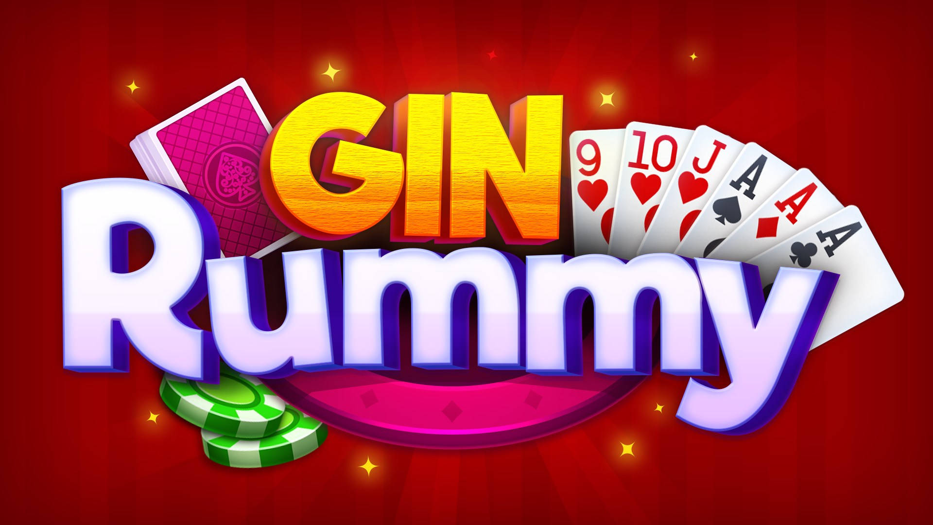 two players engaged in a game of gin rummy 壁紙 — 發光紅色背景上帶有撲克牌和籌碼的鮮豔3D渲染「Gin Rummy」標誌。