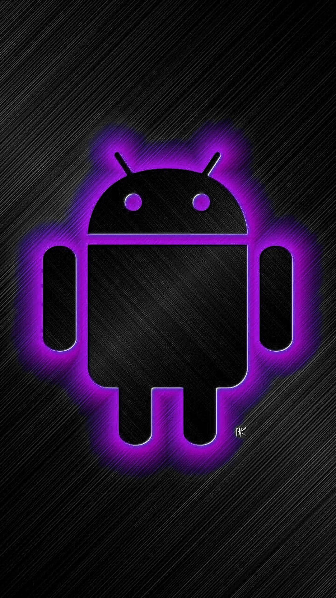 深色拉絲金屬背景上的發光紫色Android機械人圖示。